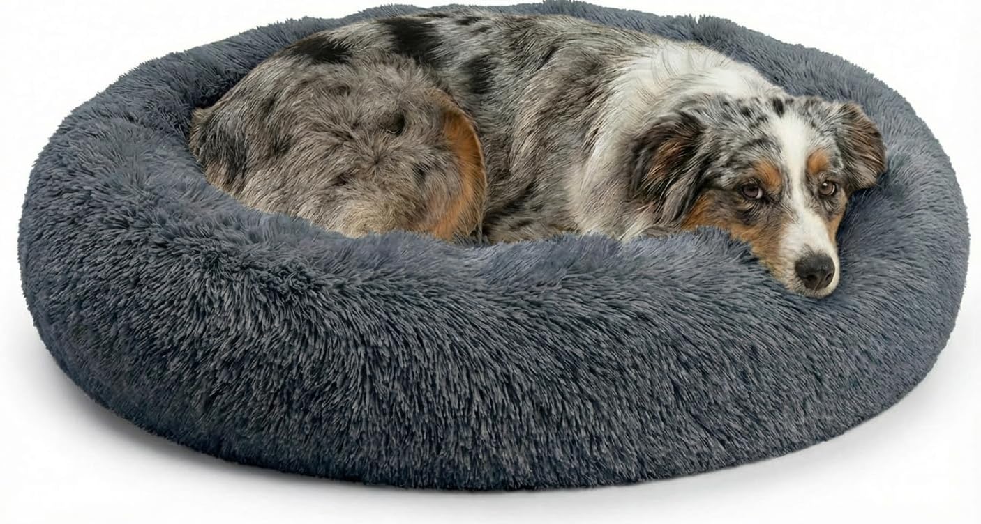 Active Pets Premium Medium Donut Dog Bed, Fits Up to 45 lbs, Removable Cover & Washable Cushion, Plush Long Pile Faux Fur Fabric, Portable Beige Pet Bed Furniture for Puppies Adult Canines & Cats