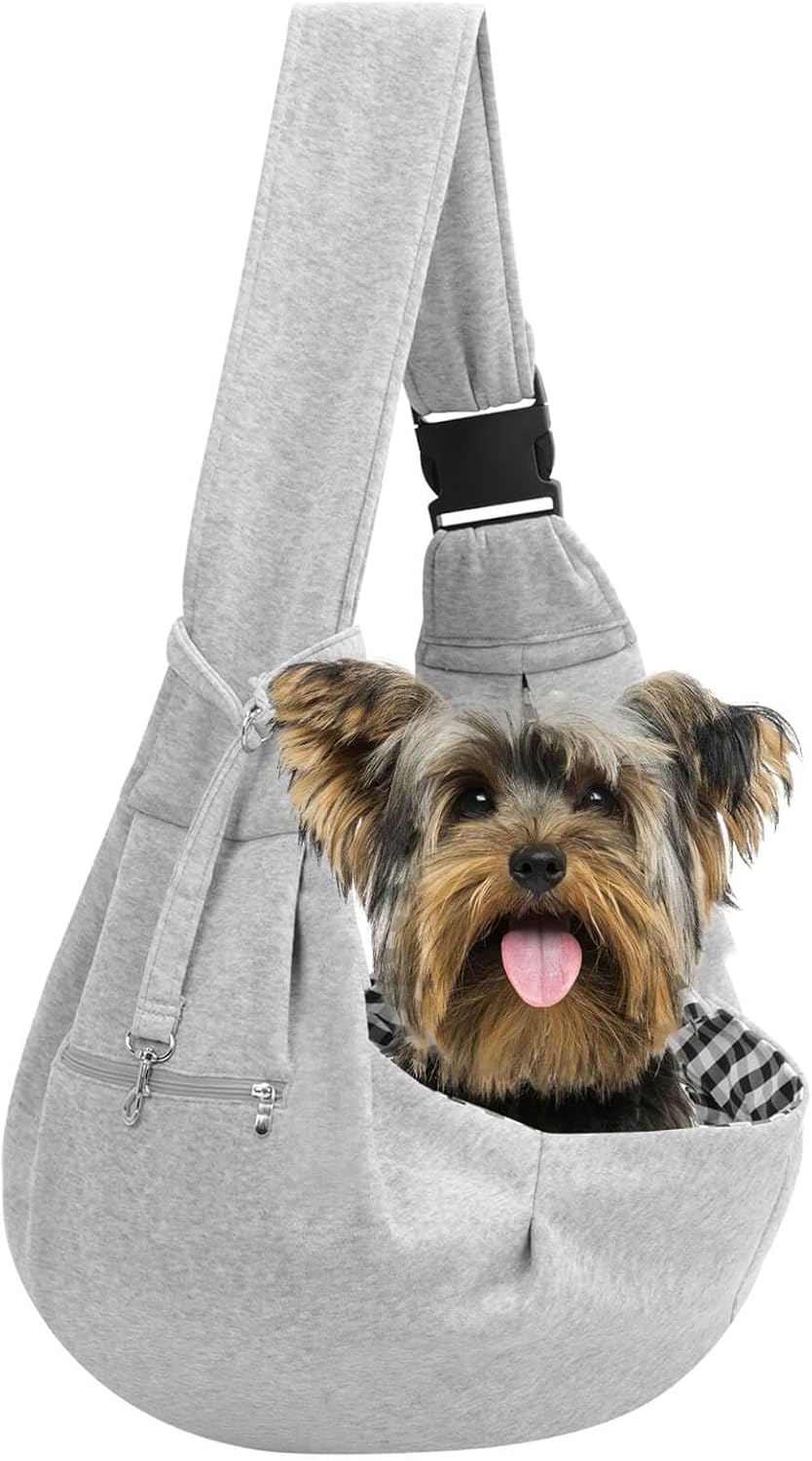 Adjustable Dog Carrier Sling – Hand-Free Dog Carriers for Small Dogs and Cats, Puppy Sling Carrier with Zipper Purse Pocket, Travel Safety Harness, Puppy Essentials (Gray)