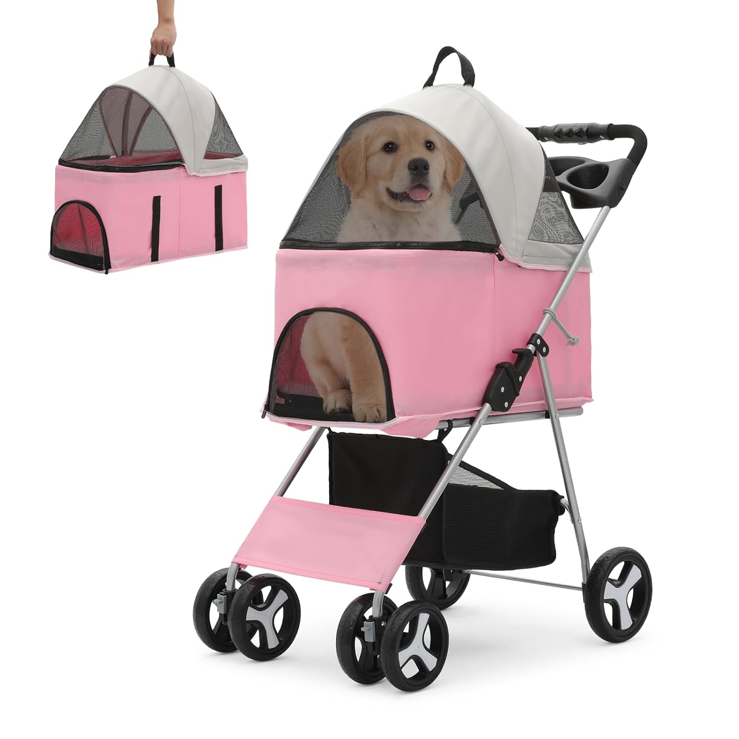 Athena Collection 4 Wheels Pet Stroller for Medium Dogs 33 Lbs Puppy Cat Pet Dog Stroller with Detachable Carrier, Cup Holder Tray, Bottom Storage, Pink
