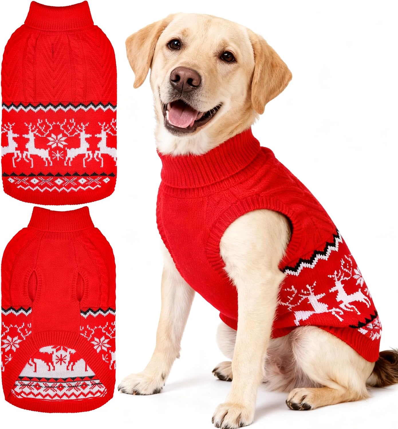 BINGPET Christmas Dog Sweater for Medium Dogs,Classic Reindeer Knitwear Xmas Dog Clothes Holiday Outfit,Soft Warm Winter Pet Puppy Cat Sweaters Coats with Leash Hole Indoor Outdoor Walking(Red,M)