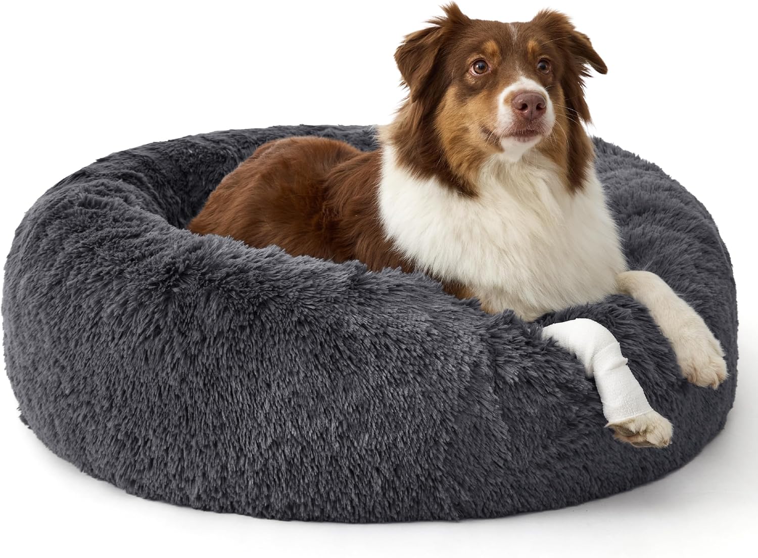 Bedsure Calming Dog Beds Large Sized Dog – 36in Donut Washable Large Pet Bed,Anti-Slip ＆Removable Cover,420GSM Round Anti-Anxiety Fluffy Plush Faux Fur Bed, Fits up to 80 lbs Pets,Plus Version