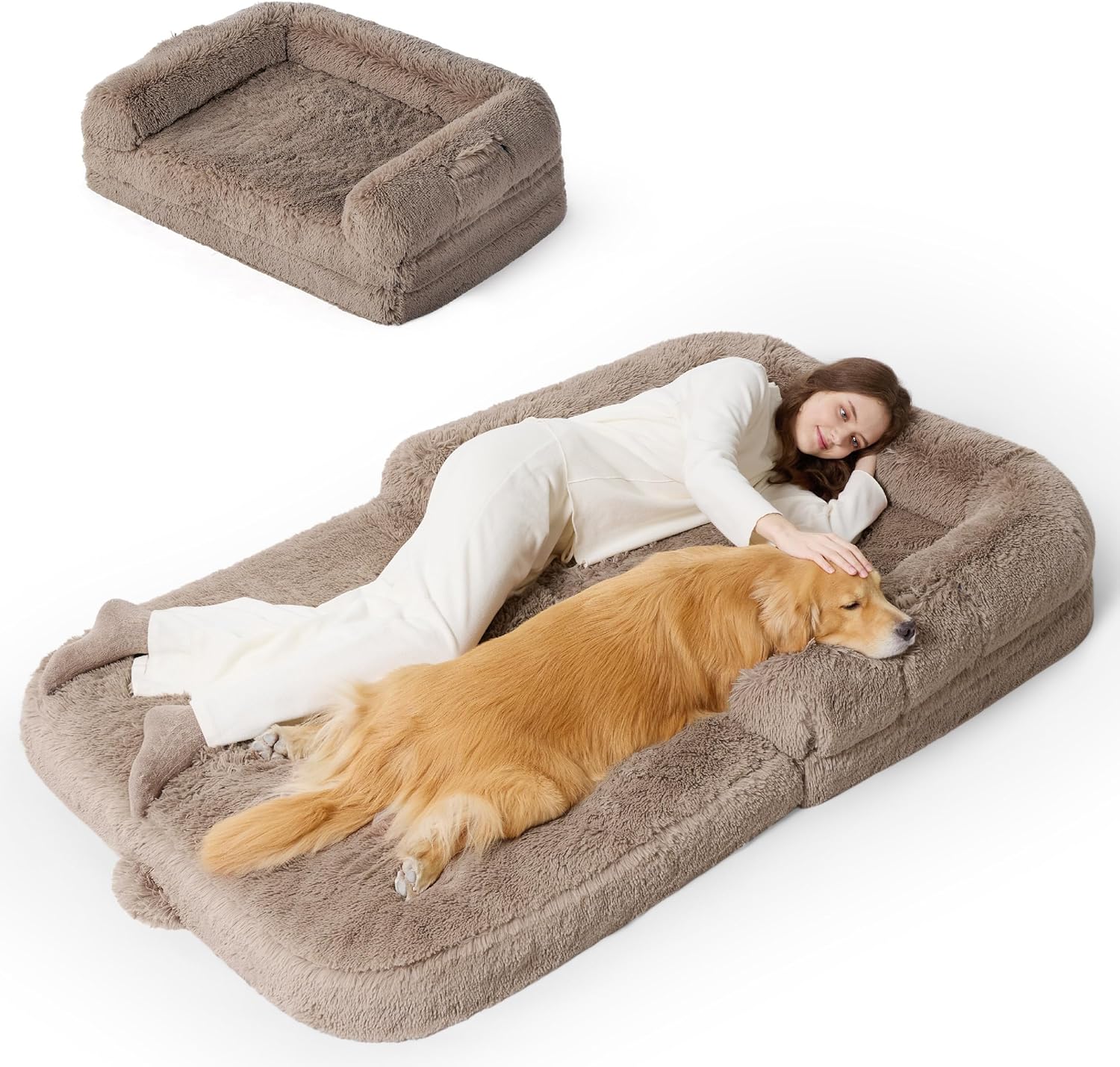 Bedsure Foldable Human Dog Bed – 2 in 1 Flexible Giant Human Dog Bed for Adult People with Supportive Bolster Egg Foam, Waterproof Liner, Calming Fluffy Faux Fur Orthopedic Big Bean Bed, Camel