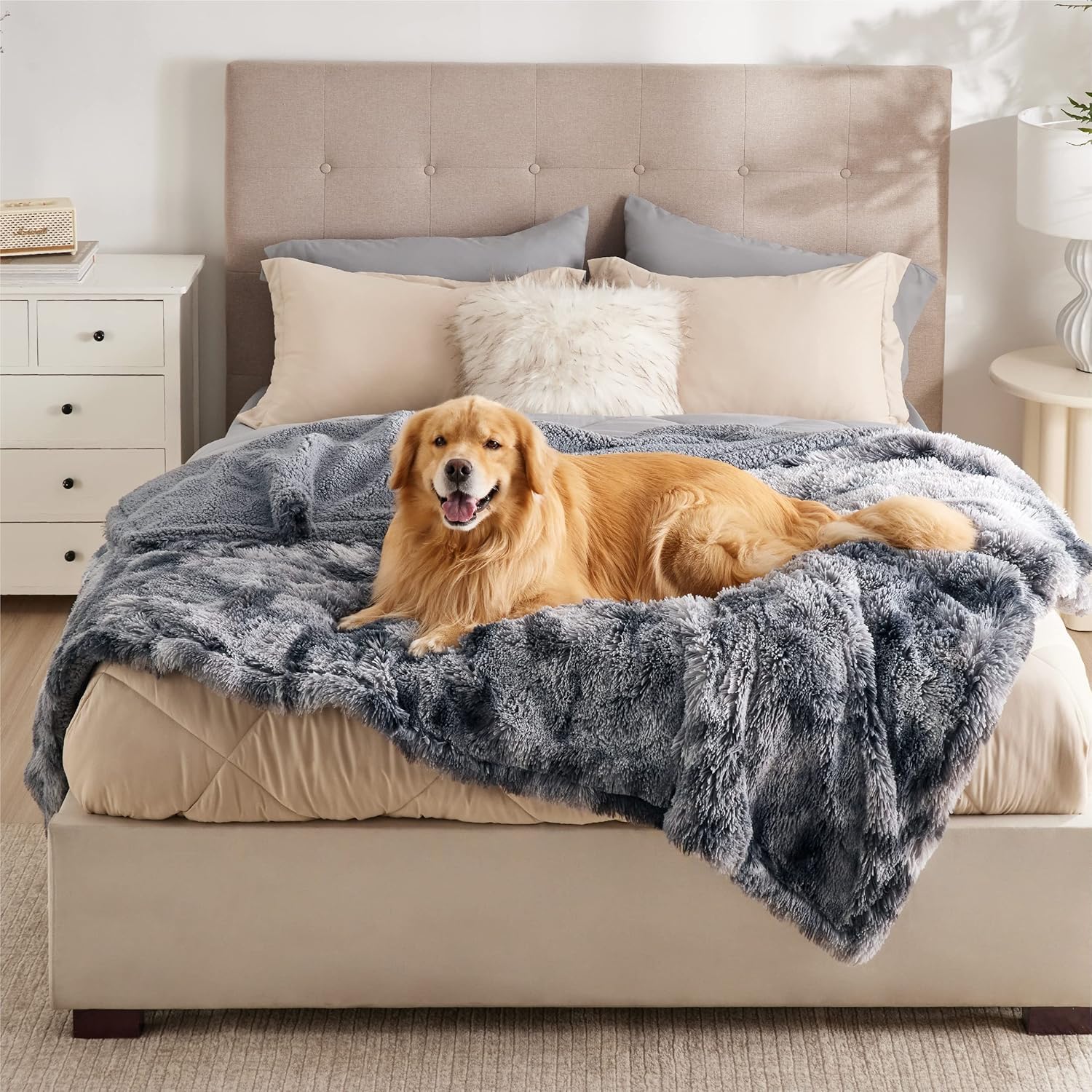 Bedsure Waterproof Dog Blankets for Large Dogs – Cat Blanket for Bed Couch Protector Washable Long Faux Fur, Calming Soft Reversible Throw Furniture Protection for Puppy Pet, 60″x80″, Tie-dye Grey