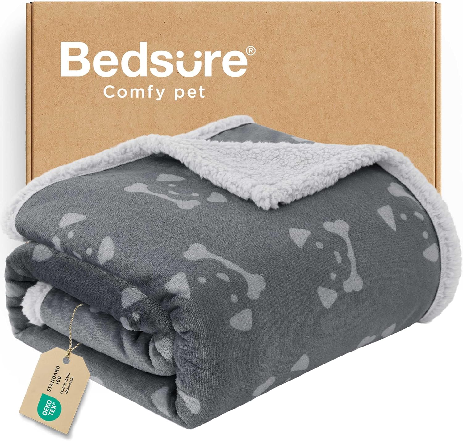 Bedsure Waterproof Dog Blankets for Large Dogs – Soft Print Sherpa Fleece Pet Cat Blanket Washable for Couch Bed Protection, Cozy Plush Reversible Throw Furniture Protector, 50″x60″, Smokey Grey