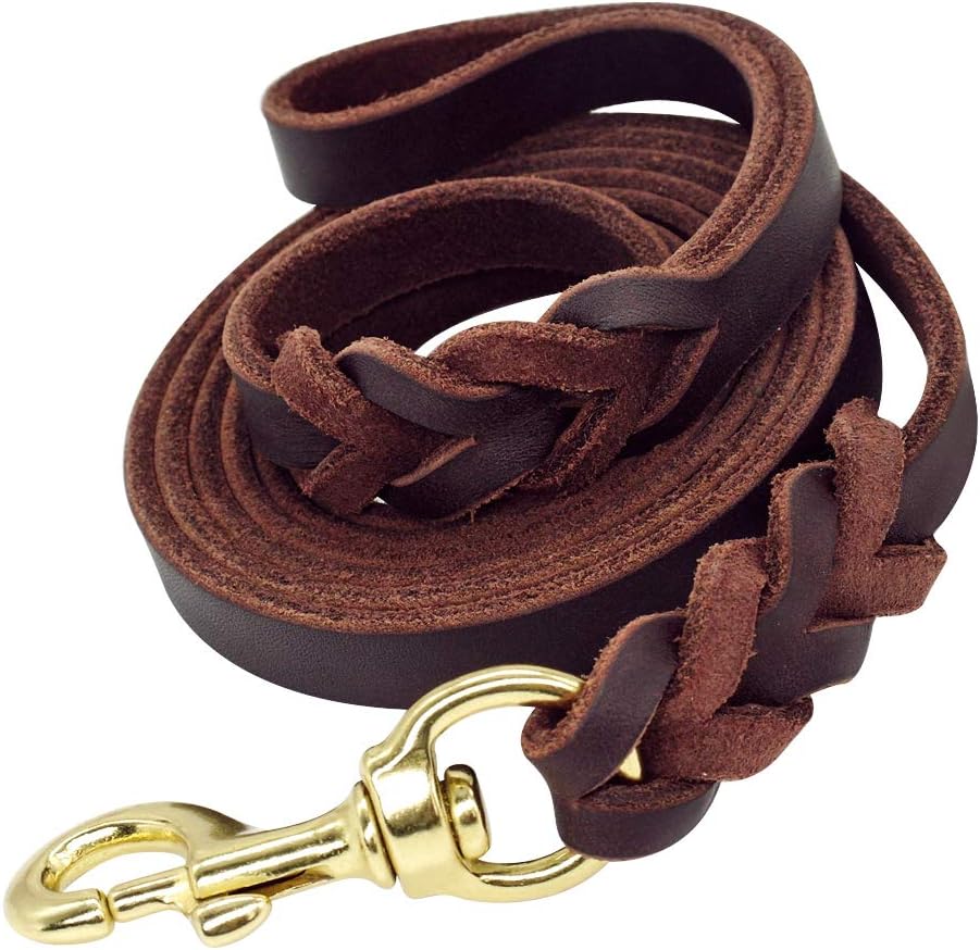 Beirui Leather Dog Leash – Training & Walking Braided Dog Leash – 4 ft by 1/2 in (120cm * 1.2cm) – Latigo Leather Brown