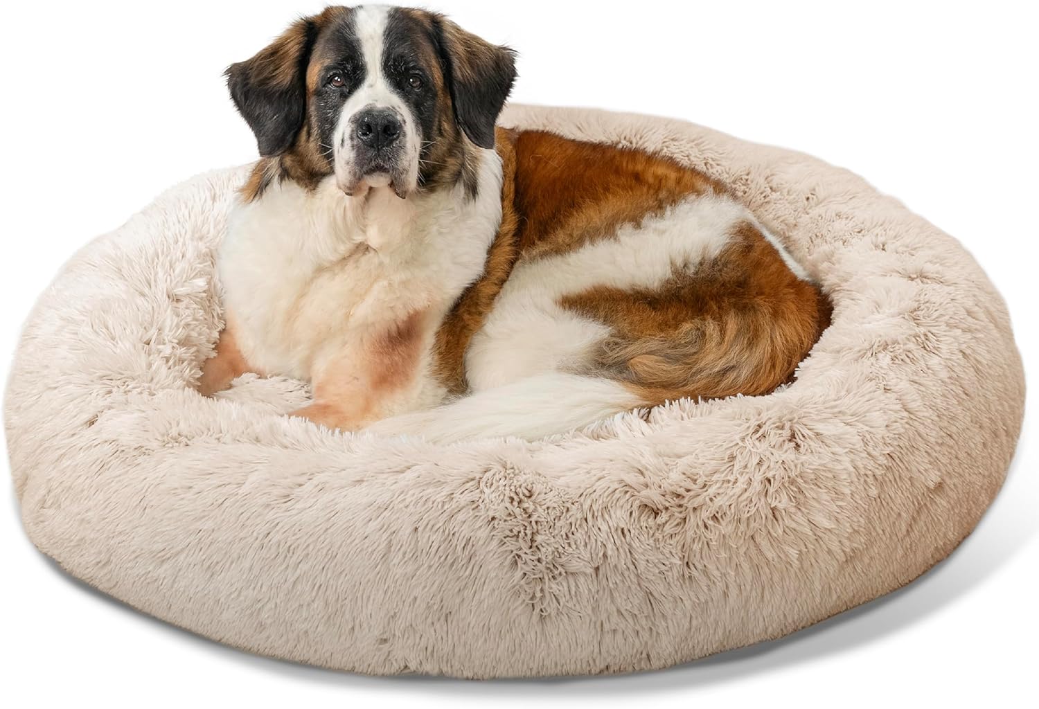 Best Friends by Sheri The Original Calming Donut Dog Bed – Washable Plush Pet Bed for XL Breeds up to 150 lbs, Shag Faux Fur, Taupe, XL (45″ x 45″)