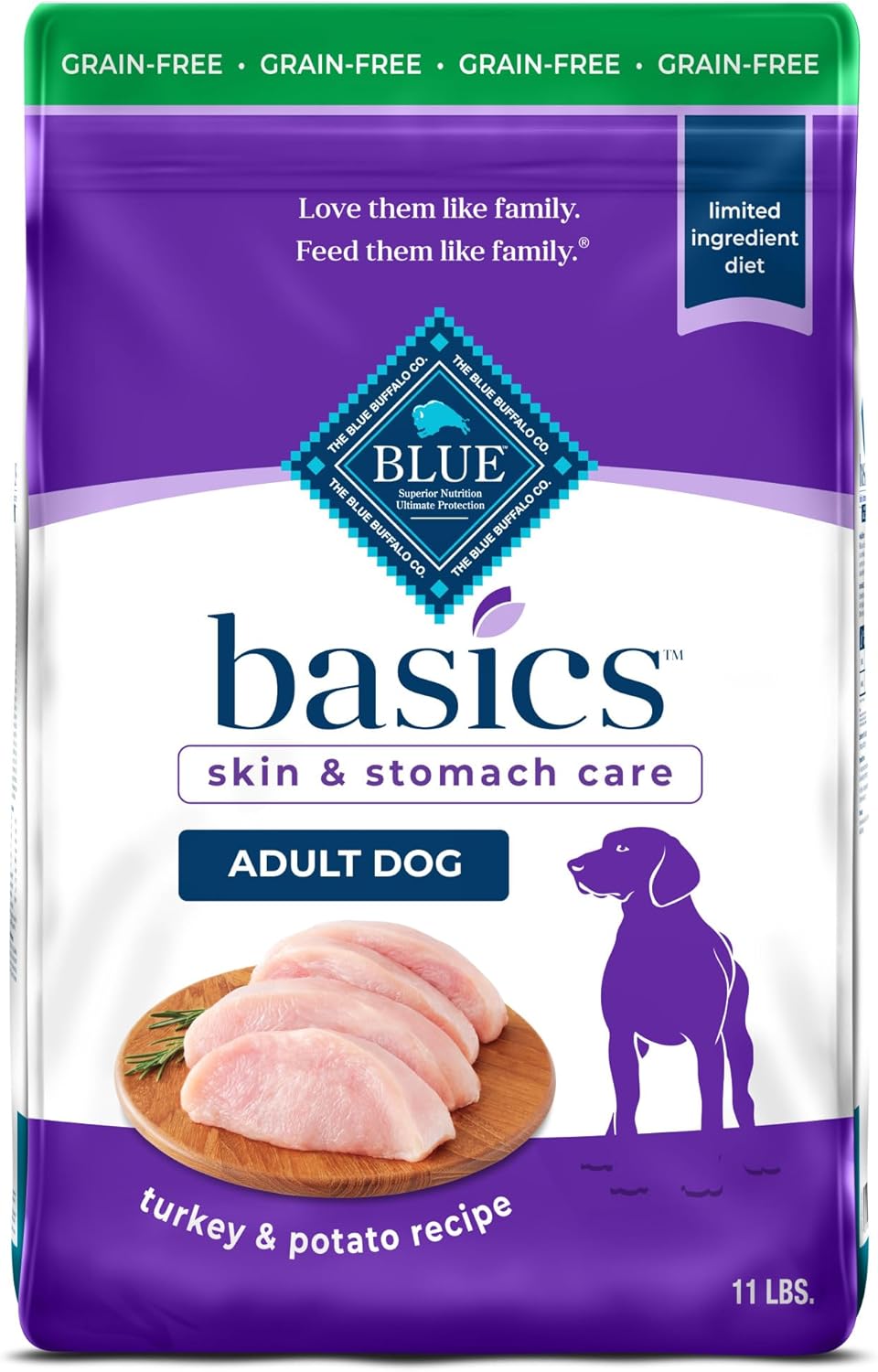 Blue Buffalo Basics Adult Grain-Free Dry Dog Food for Skin & Stomach Care, Limited Ingredient Diet, Made in The USA with Natural Ingredients, Turkey & Potato Recipe, 11-lb. Bag