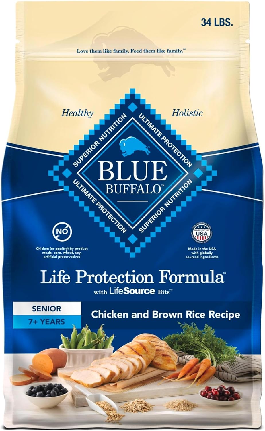 Blue Buffalo Life Protection Formula Senior Dry Dog Food, Supports Joint Health and Mobility, Made with Natural Ingredients, Chicken & Brown Rice Recipe, 34-lb. Bag