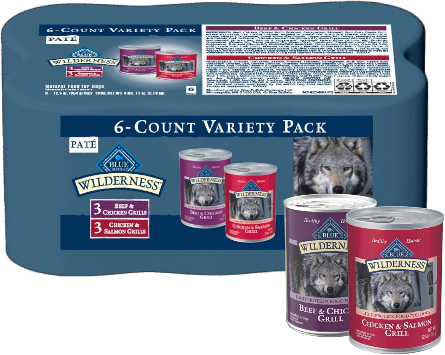 Blue Buffalo Wilderness High Protein Beef and Chicken & Salmon and Chicken Wet Dog Food Variety Pack for Adult Dogs, Grain-Free, 12.5 oz Cans (6 Pack)