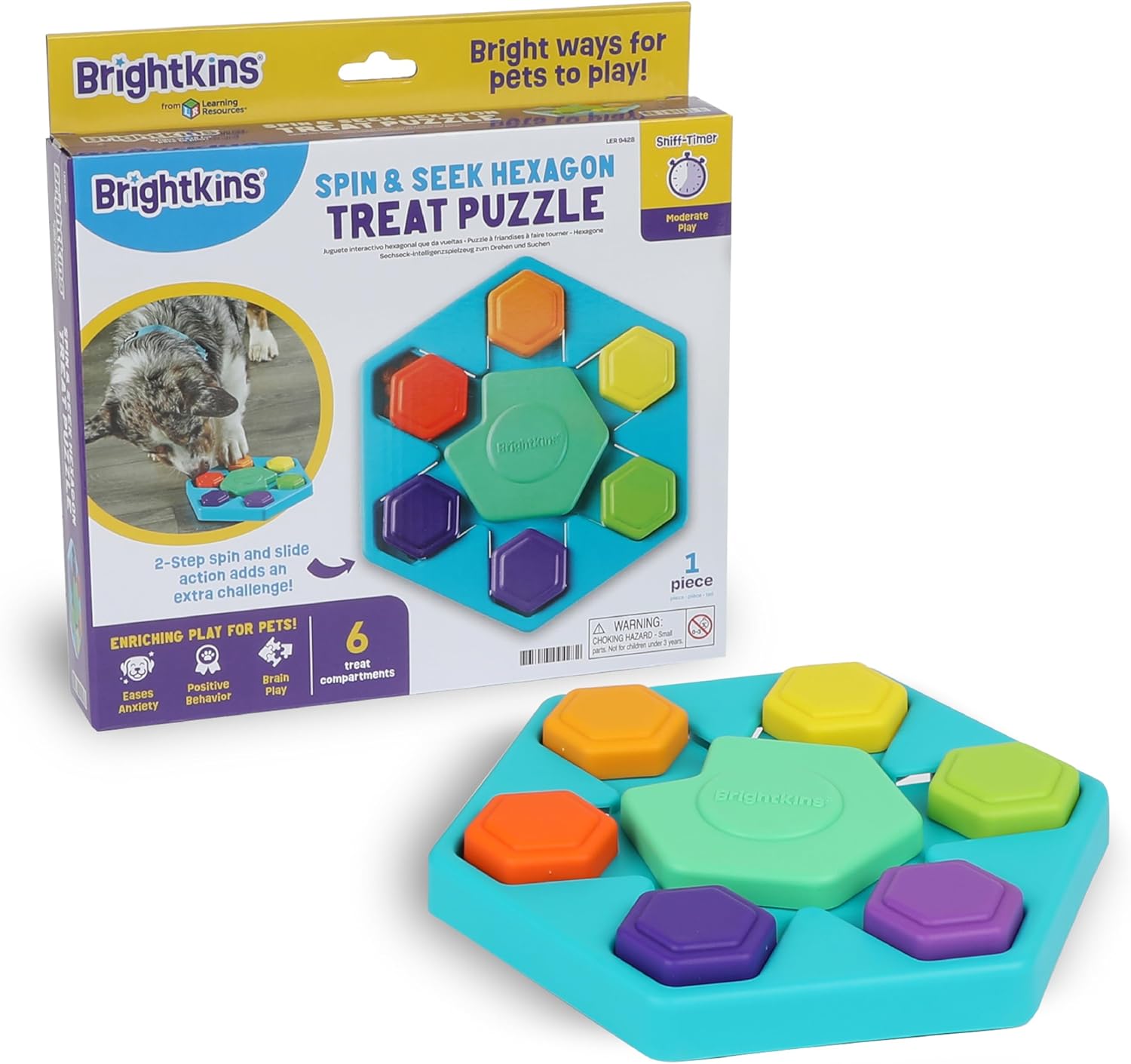 Brightkins Spin & Seek Hexagon Treat Puzzle – Interactive Dog Toys, Puzzle Feeder for Small and Large Dogs, Enrichment Toy Puzzles to Keep Pets Busy, Treat Dispensing Puppy Toys, Cognitive Dog Toy