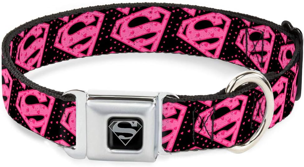 Buckle-Down Seatbelt Buckle Dog Collar – Diagonal Superman Logo w/Hearts Black/Pink – 1″ Wide – Fits 11-17″ Neck – Medium