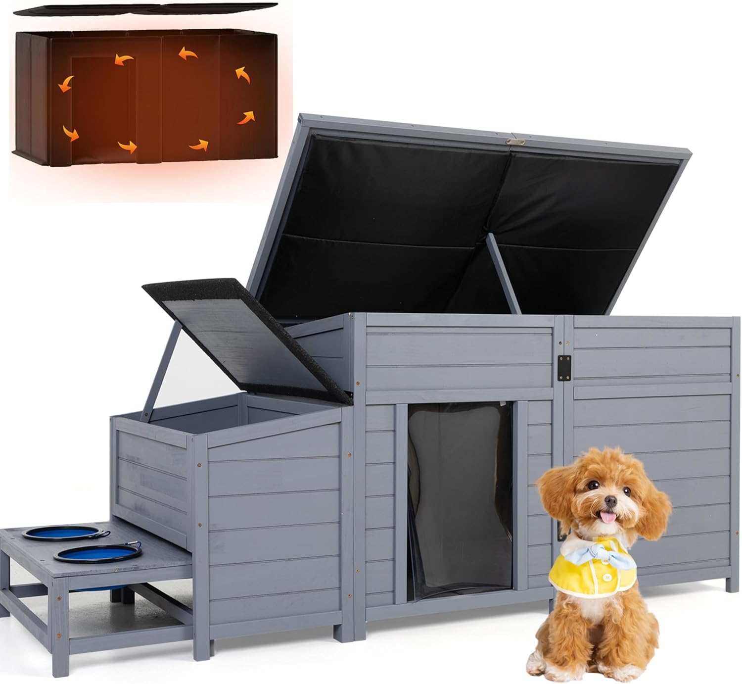 COZIWOW 59″ Upgraded Large Insulated Outdoor Dog House with Removable Thermal Liner & 2 Slow Feed Bowls, Weatherproof Wooden Shelter for Dogs/Cats/Livestock (Basic Gray)