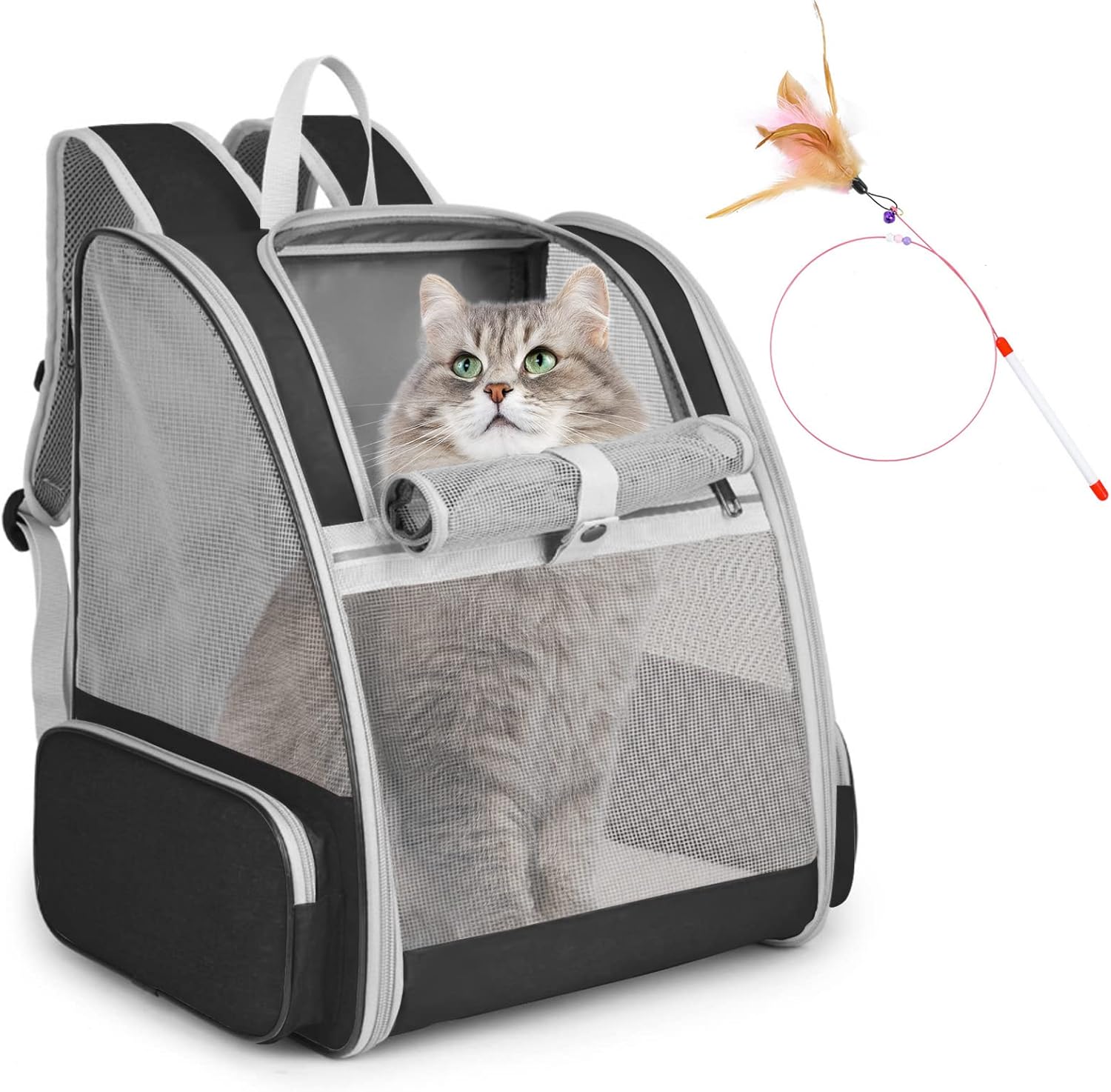 Cat Backpack Carrier, Pet Carrier Backpack with Kitten Wand Feather Toy for Medium Small Dog Cat Puppy Kitty Bunny up to 15lbs, Large Ventilated Mesh Cat Bookbag for Travel Walking Outdoor Use (Black)