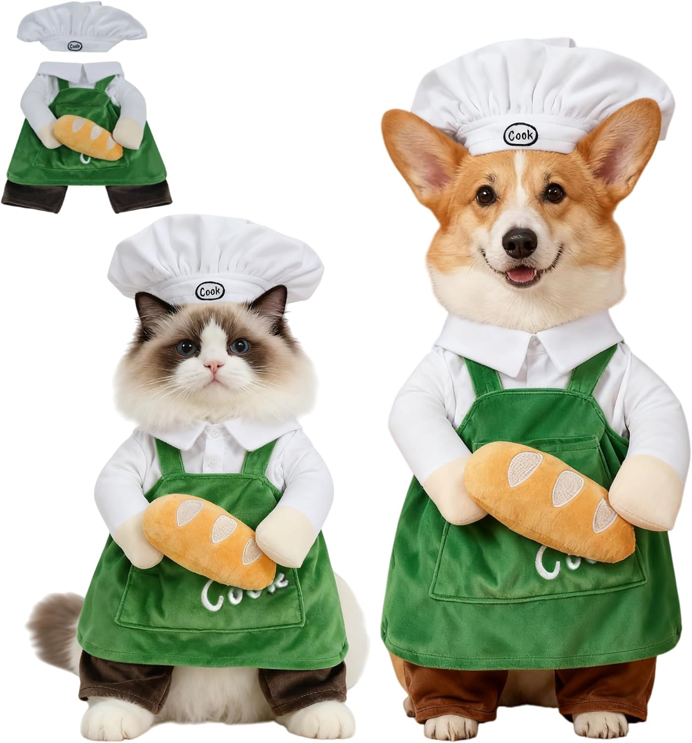 Chef Costume for Dogs Cats, Funny Pet Halloween Outfit with Hat Apron and Bread Prop Stand-Up Design Halloween Cosplay Parties Apparel for Cat Small Medium Large Dogs (Sizes B1 – B5, 3-99 lbs) (B5)