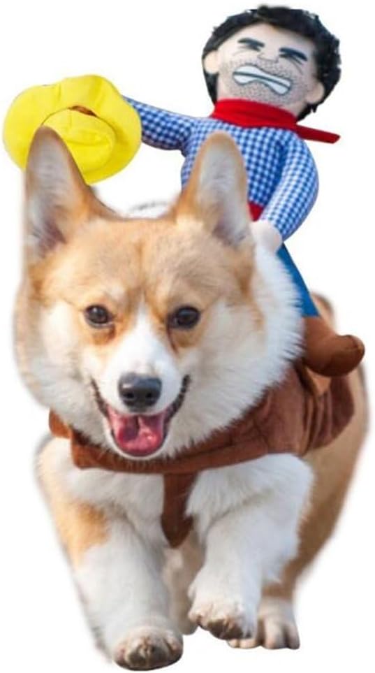 Cowboy Rider Dog Costume Waving Hat – Funny Dog Halloween Costumes with Doll and Hat, Adjustable Knight Style Costume for Labs, German Shepherds, and Golden Retrievers, and More (S)