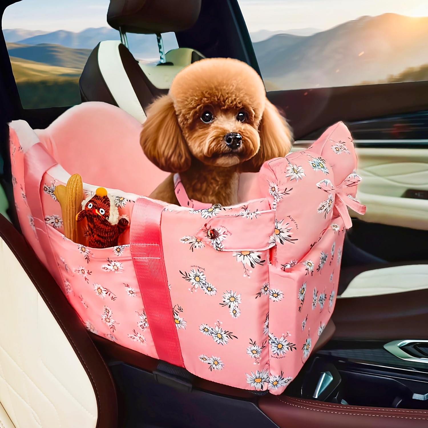 Cullaby Console Dog Car Seat – Portable Dogs Armrest Booster Seat for Small Dog, Anti-Collapse Pet Car Seat with Soft Cushion Safety Belt, Support Pet Up to 11lbs (Pink Daisy)