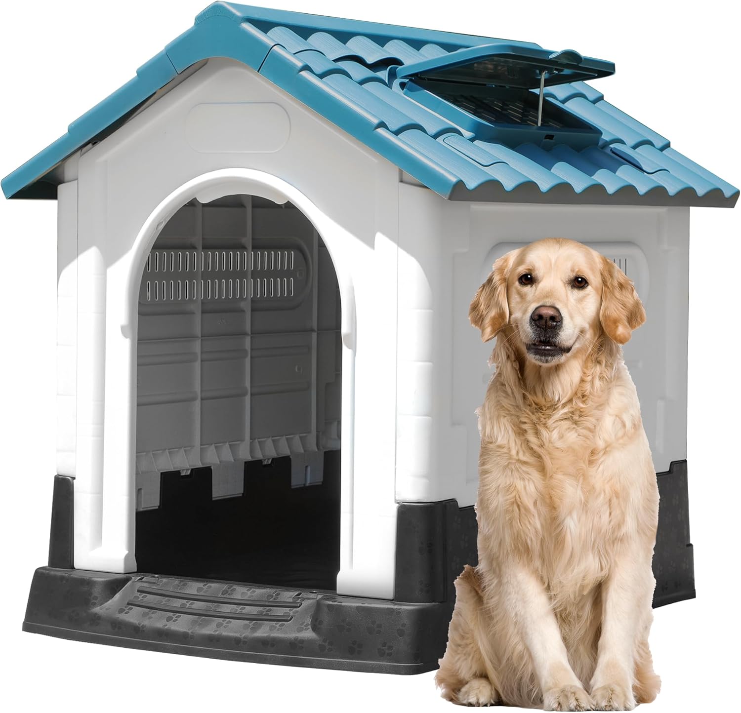 DWVO 41.3” Plastic Foldable Dog House for Small, Medium, and Large Dogs, Waterproof Folding Pet House with Adjustable Top Window and Elevated Base (41.3”L x 34.6”W x 39”H)