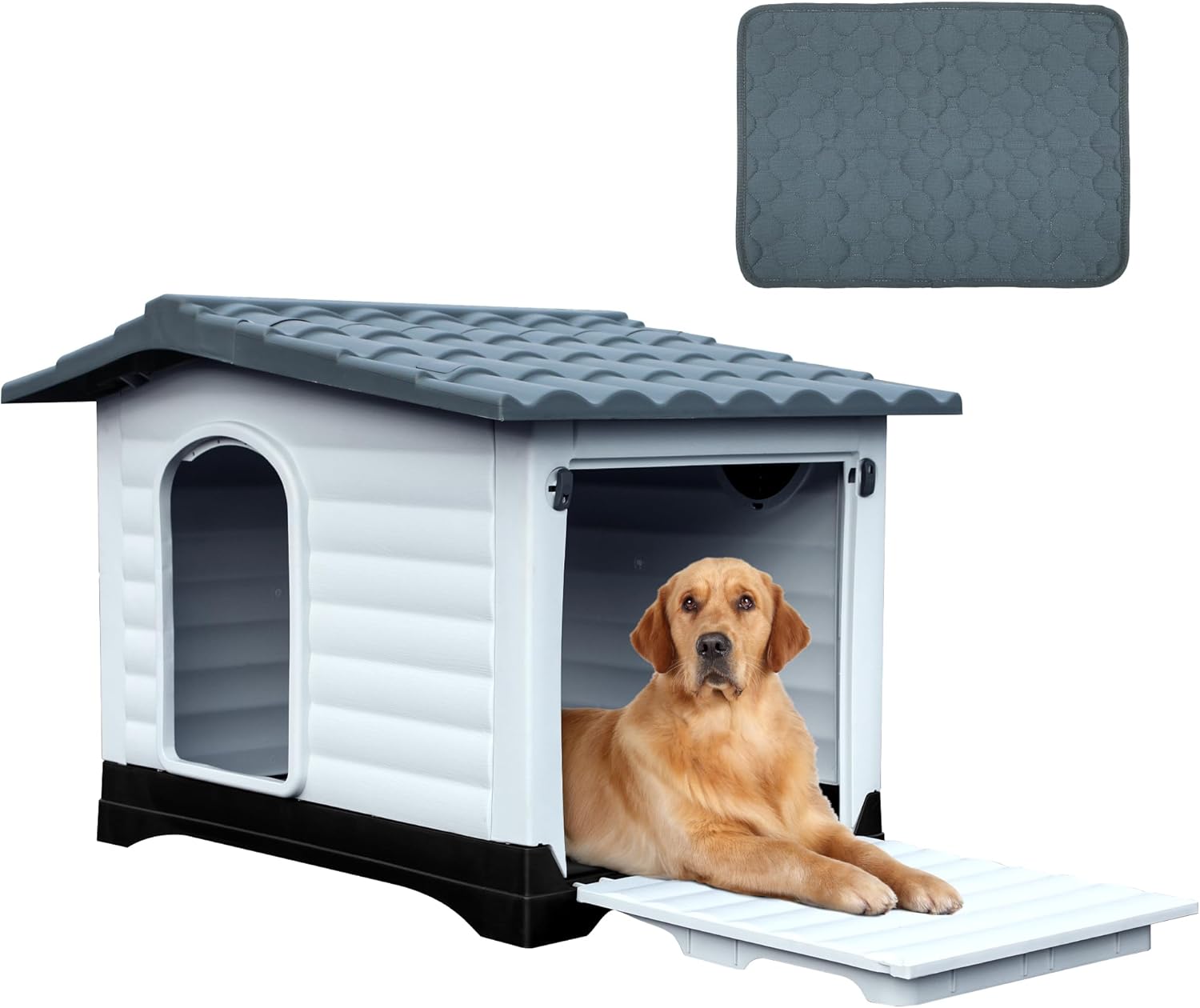 DWVO 43.7” 2-Door Dog House with Elevated Base & Cushion, Plastic Pet House for Small, Medium, and Large Dogs, Easy Assembly, Water-Resistant for Indoor/Outdoor Use (43.7”L x 33”W x 31.6”H)