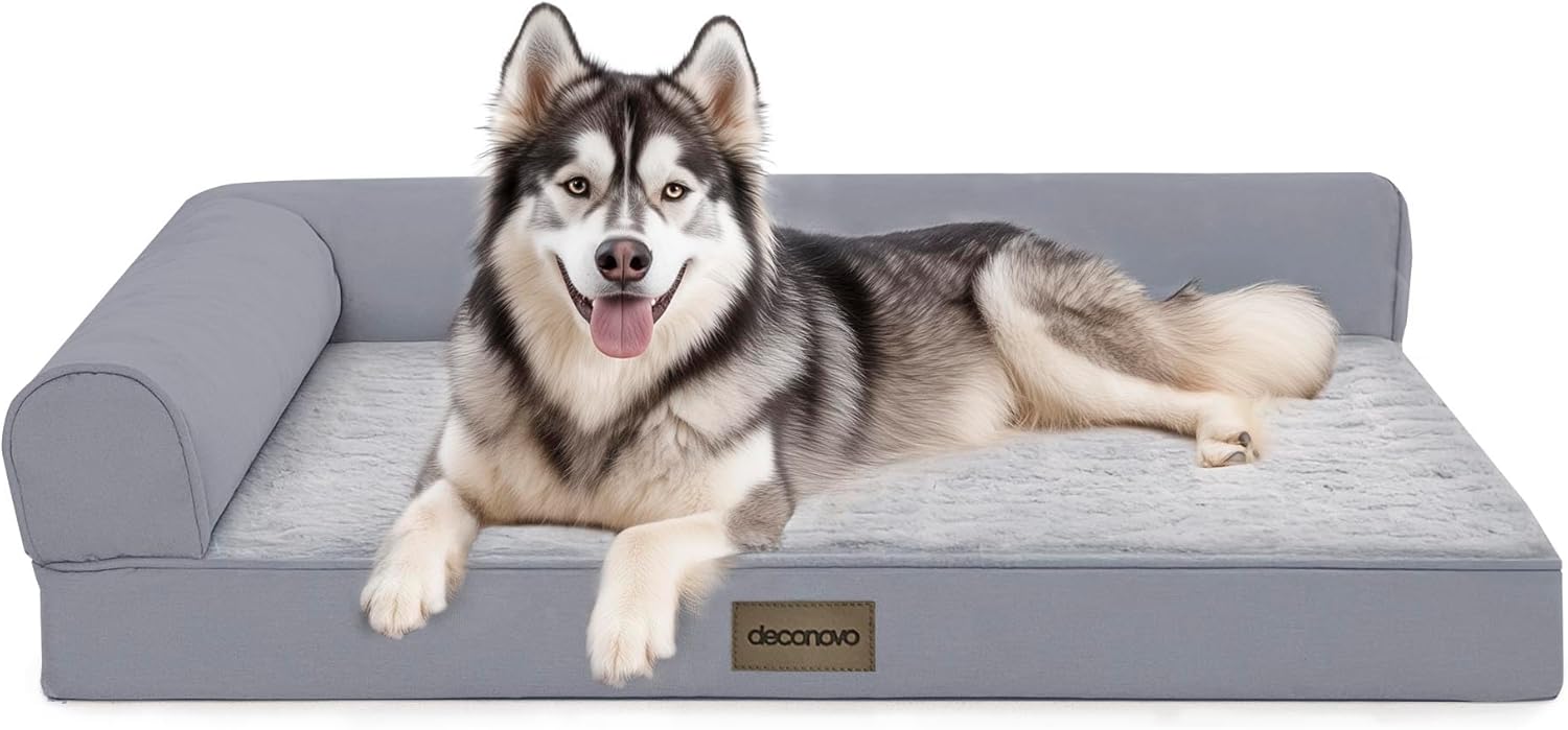 Deconovo Sofa Dog Bed with L-Shape Bolster, Supportive Eggrate Foam, PV Velvet Top, Anti-Slip Waterproof Bottom, Zippered Washable Cover, Large Dogs & XL Options, Grey, 36x28x8 Inches