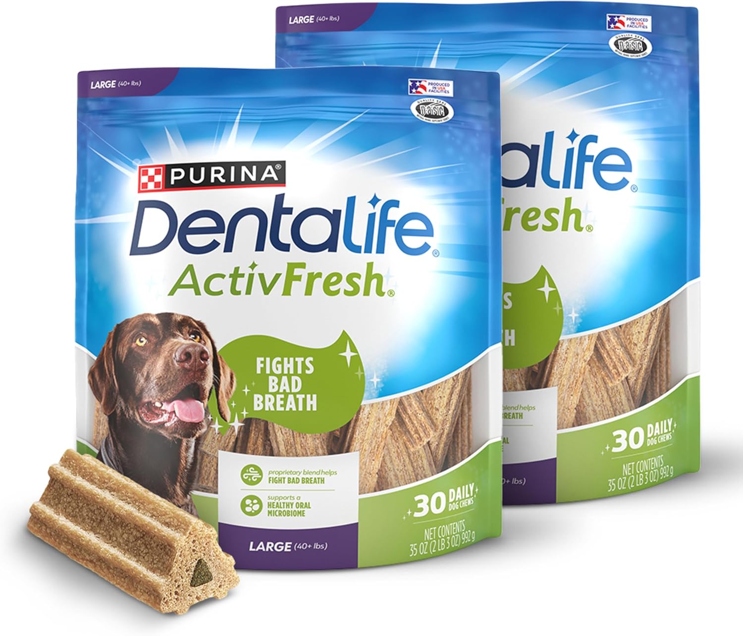 DentaLife ActivFresh Pack of 2 Dog Chews for Large Dogs 40 lbs. and Up, Dental Chews to Freshen Breath, Chicken Flavor, 35 oz. Each, 30 Chews Each/60 Total Chews – 30 ct. Pouch