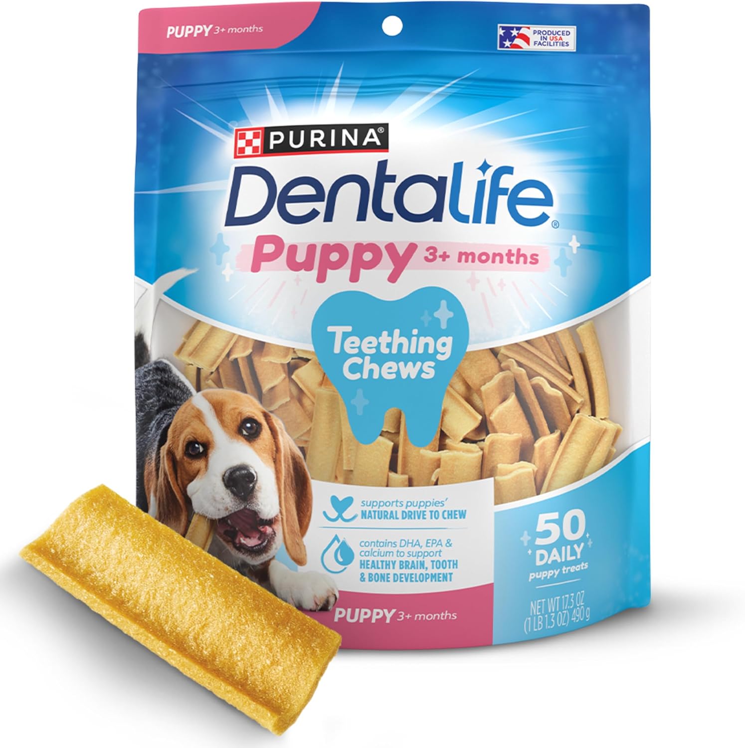 Dentalife Puppy Teething Dog Chews for Small Dogs 3 Months and Up, Chicken Flavor, 1.08 lb., 50 Chews – 50 ct. Pouch