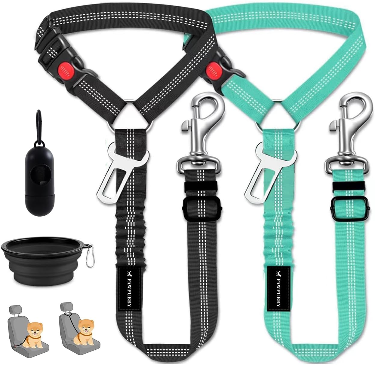 Dog Car Seat Belt – Adjustable Pet Safety Harness, Crash Tested Vehicle Restraint for Small Medium Large Dogs, Vehicle Seatbelt Clip & Tangle-Free Design for Safe Travel (Lake Green+Black)