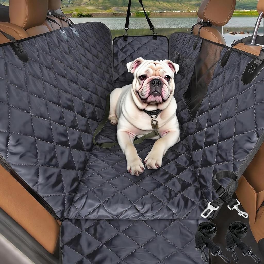 Dog Car Seat Cover for Back Seat | Mesh Window & Safety Belt | 100% Waterproof Dog Hammock for Safe Travel with Side Door Protectors | Non-Slip, Scratchproof Pet Rear Seat Cover for Car, SUV,Truck