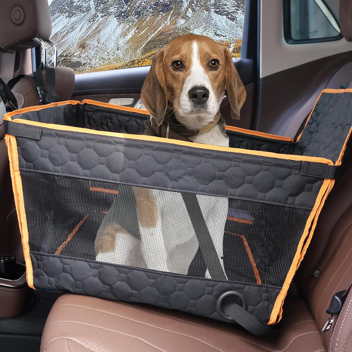 Dog Car Seat for Large Dogs,Waterproof Fabric with Breathable Mesh&Adjustable Dog Seat Belt for Car,Dog Bed for Back Seat Up to 40 LB-Medium Orange