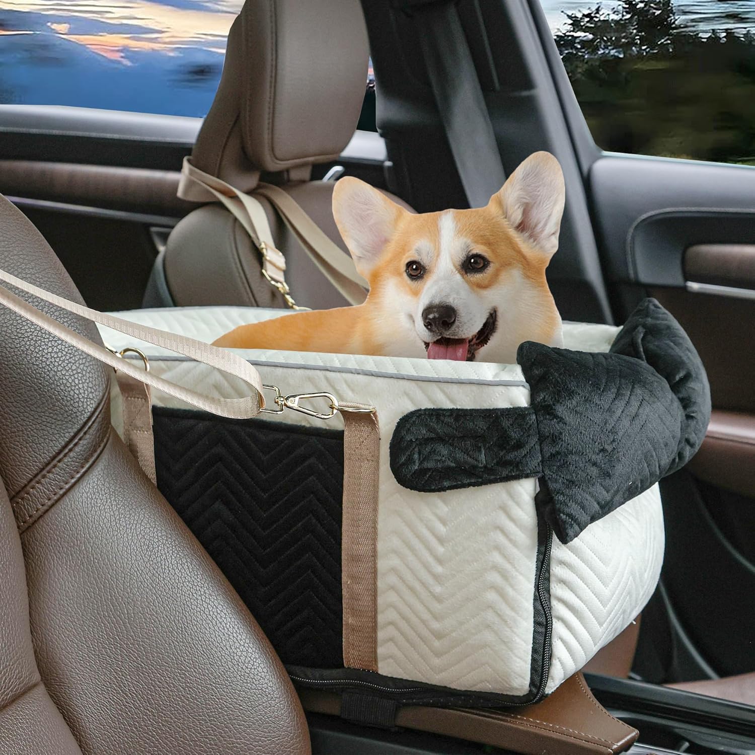 Dog Car Seat for Small Dogs Adjustable Portable Center Console Dog Car Seat Removable Cat Booster Cars Seats – Safety Belt with Cushion Anti-Collapse for Puppy Kitten Up to 15 Lb