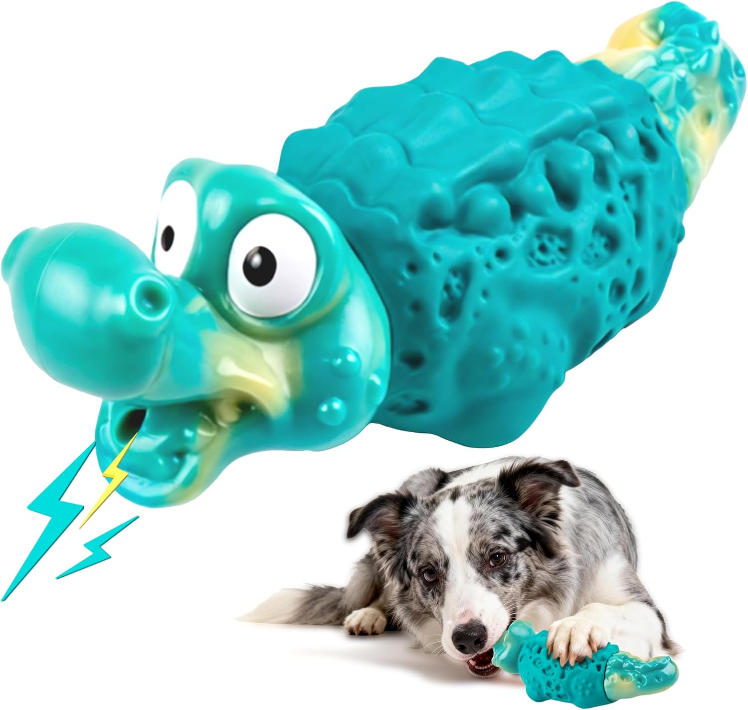Dog Chew Toys for Aggressive Chewers, Tough Squeaky Dog Toy for Large Medium Dogs, Bacon Flavor Nylon & Natural Rubber, Dental Care Interactive Dog Toys to Reduce Boredom, Teal