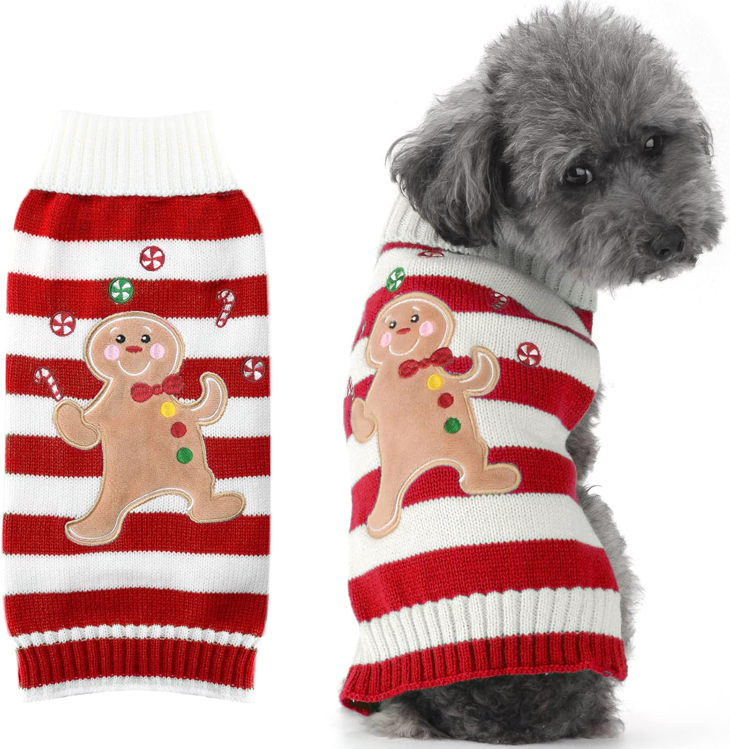 Dog Christmas Sweater Cute Striped Gingerbread Man Knitted Turtleneck Cat Ugly Xmas Outfit Holiday Puppy Costumes Fall Winter Warm Pet Sweater Vest Clothes for Small Medium Dogs Cats(XL,Red)