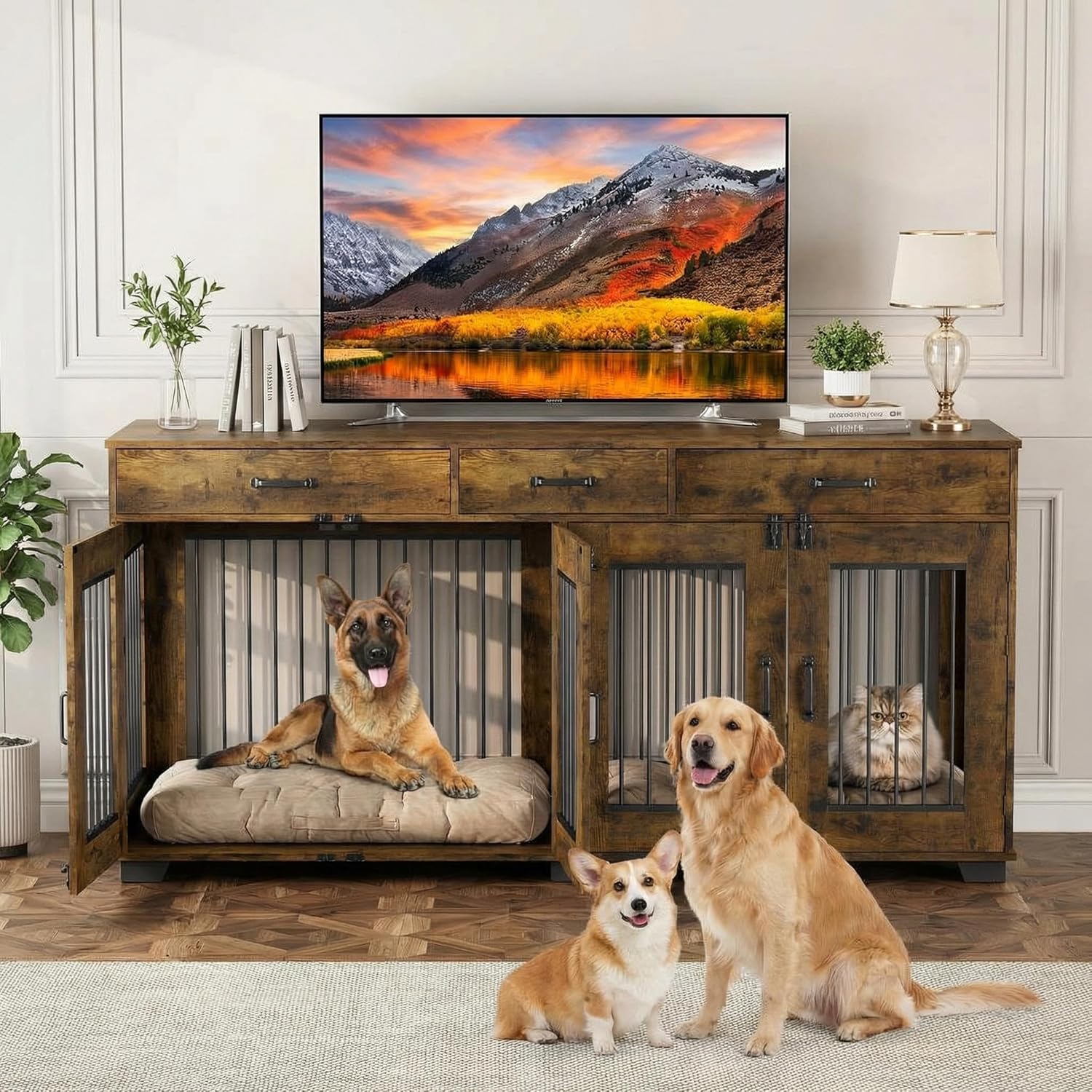Dog Crate Furniture 71″ XXL, Double Dog Kennel TV Stand with Removable Divider & 3 Storage Drawers, Furniture Style Extra Large Dog Crate for 2 Large Medium Dogs, Wooden Indoor Pet Crate End Table
