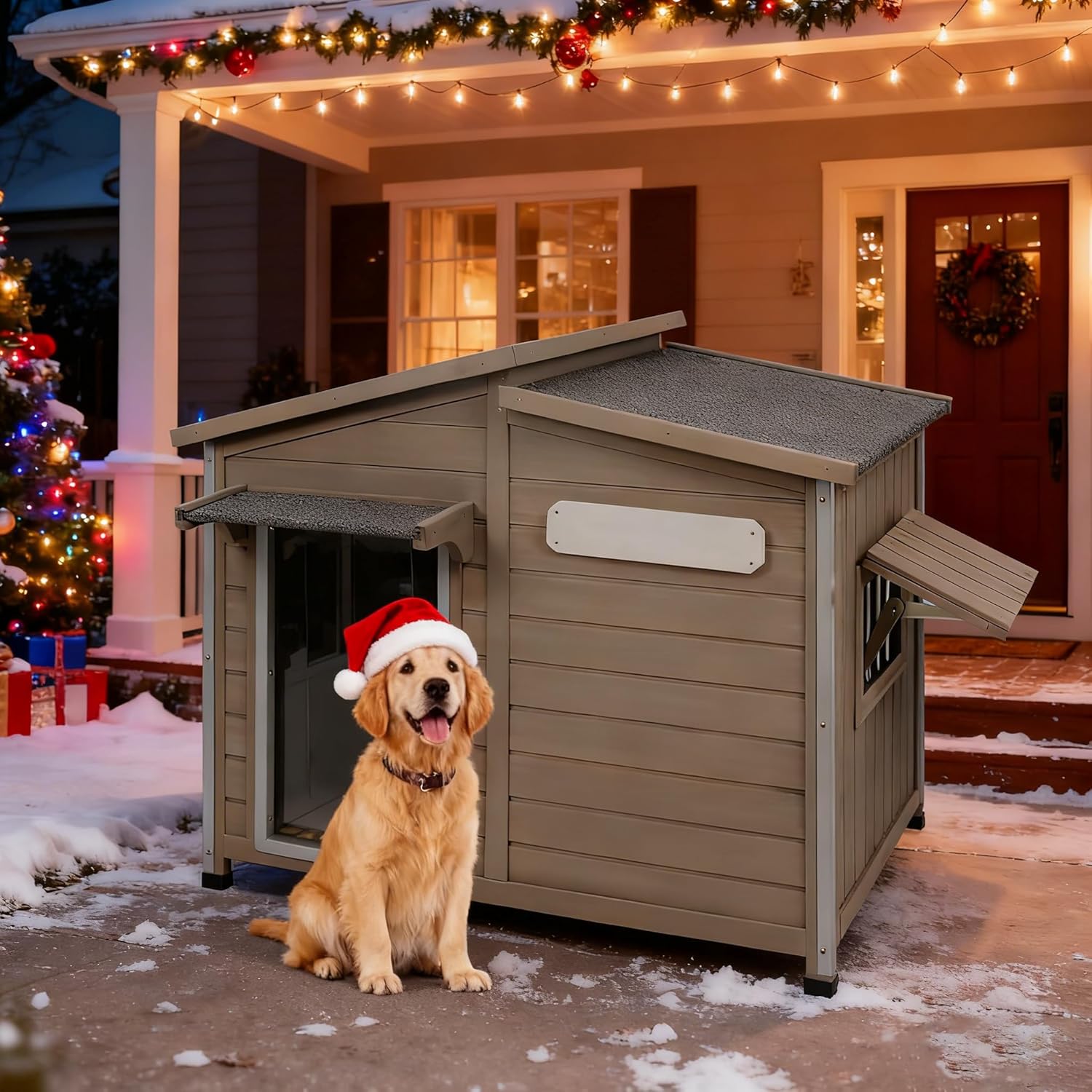 Dog House Outdoor Indoor for Small & Medium Dogs, Wooden Weatherproof Dog Kennel with Openable Roof & Window, Chew-Resistant Frame, Cozy Shelter for Winter (Grey, 43.5″D x 29.5″W x 33.5″H)