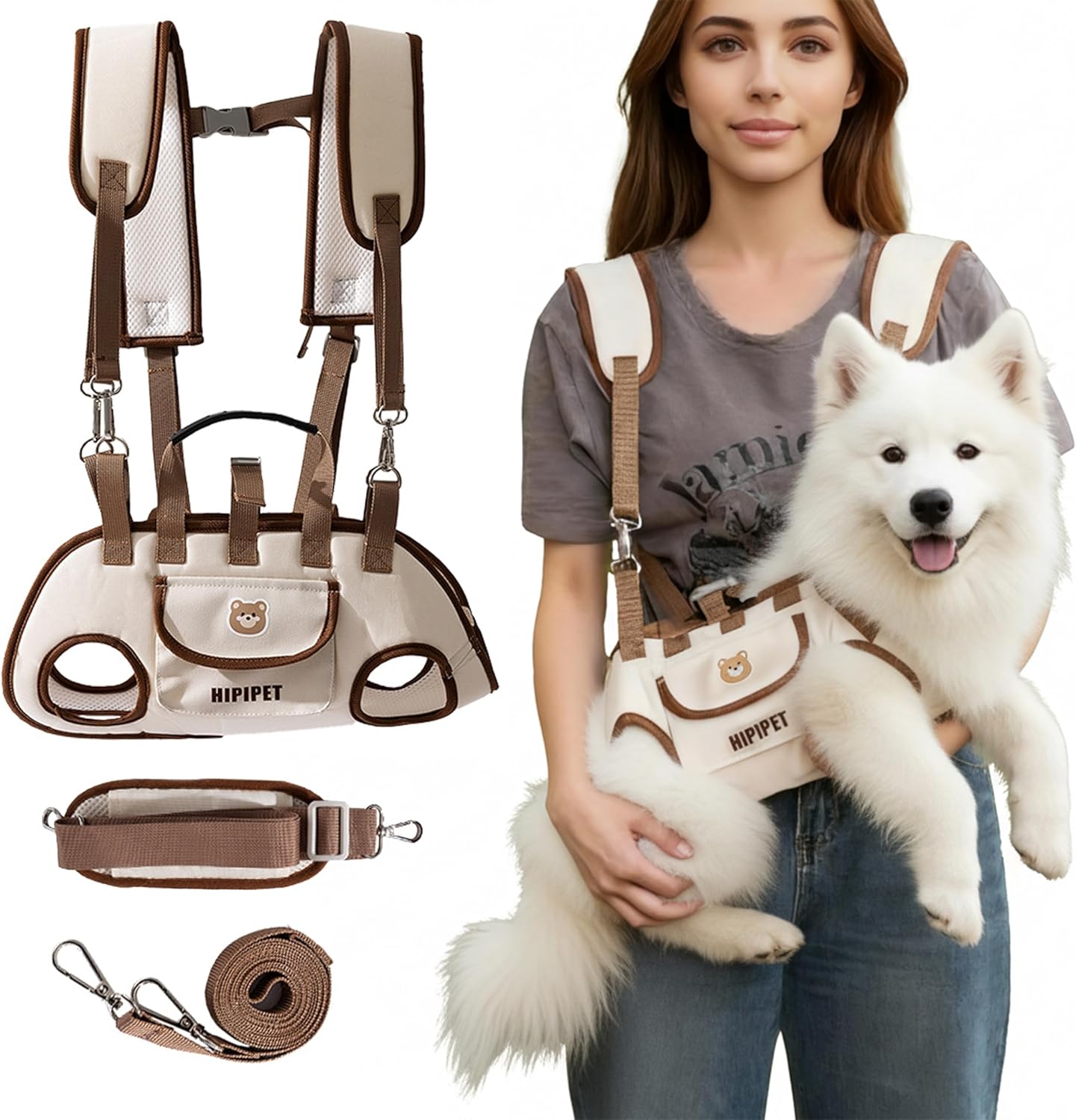 Dog Sling Backpack Carriers – Adjustable Pet Lift Harness Gear, Breathable Dogs Carrying Lifting with Traction Leash Shoulder Straps and Treat Bag for Walking Hiking Travel (XL, 18-23lbs)