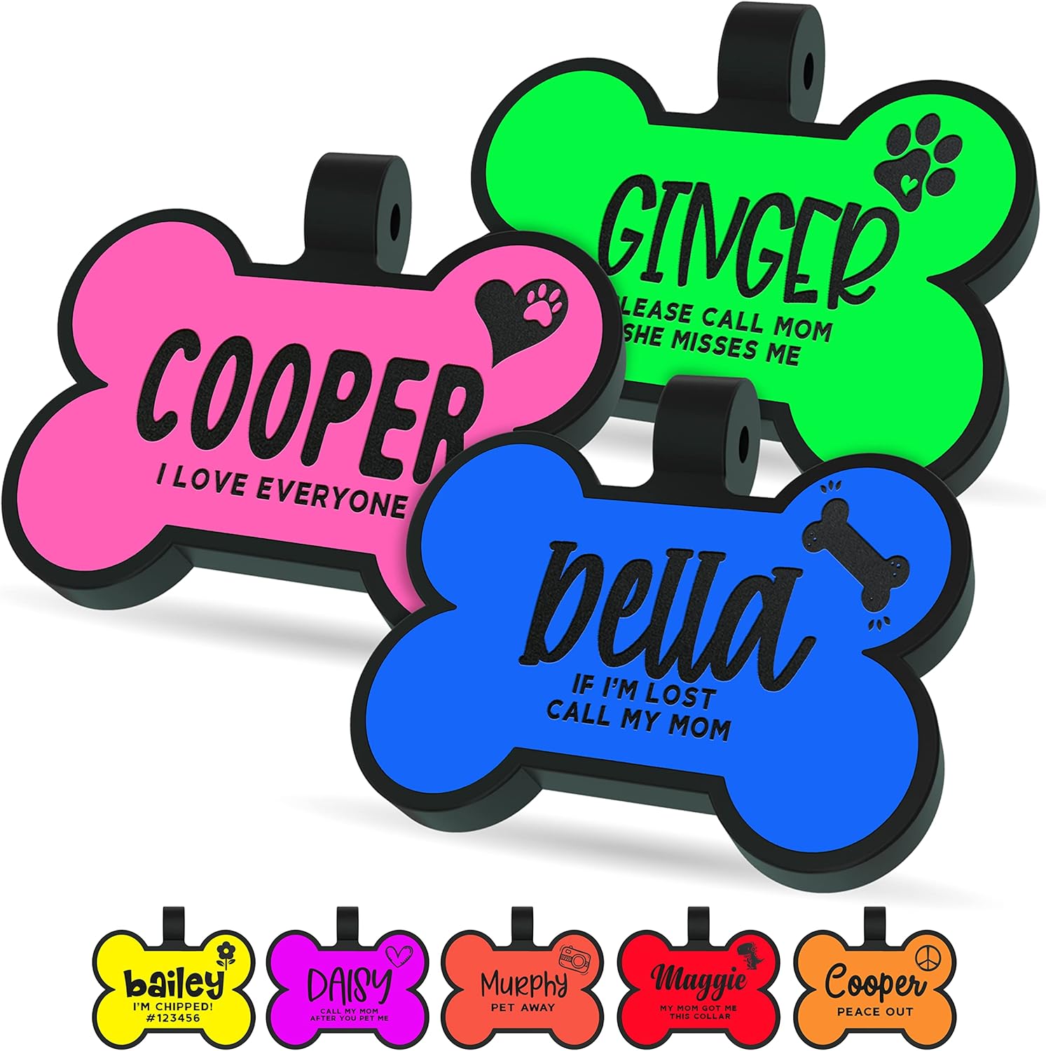 Dog Tag Engraved for Pets Personalized, Durable & Silent Silicone Dog ID Tags w/Deep Engraved 6 Lines of Text – 20 Icons, 14 Fonts, 8 Photoluminescent Colors, Bone Shaped