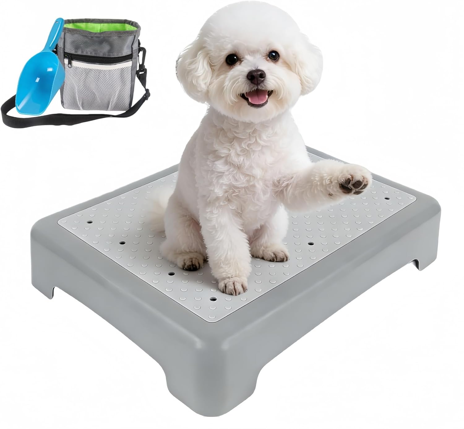 Dog Training Place Board with Non-Skid Surface, Portable Dog Agility Platform, Includes Snack Waist Bag and Scoop, Puppy Training Equipment for Small Medium Dogs 17.3″x13.4″x3.8″ (Gray)