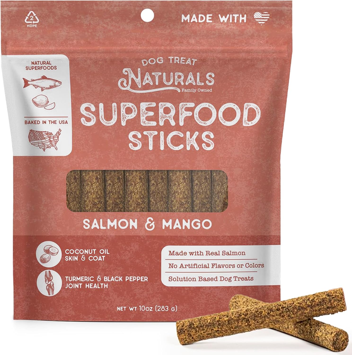 Dog Treat Naturals Superfood Sticks, Salmon & Mango, 10oz Bag | Dog Chew Sticks | All-Natural, Pet Training Treats | Joint-Skin-Coat Health | USA Made