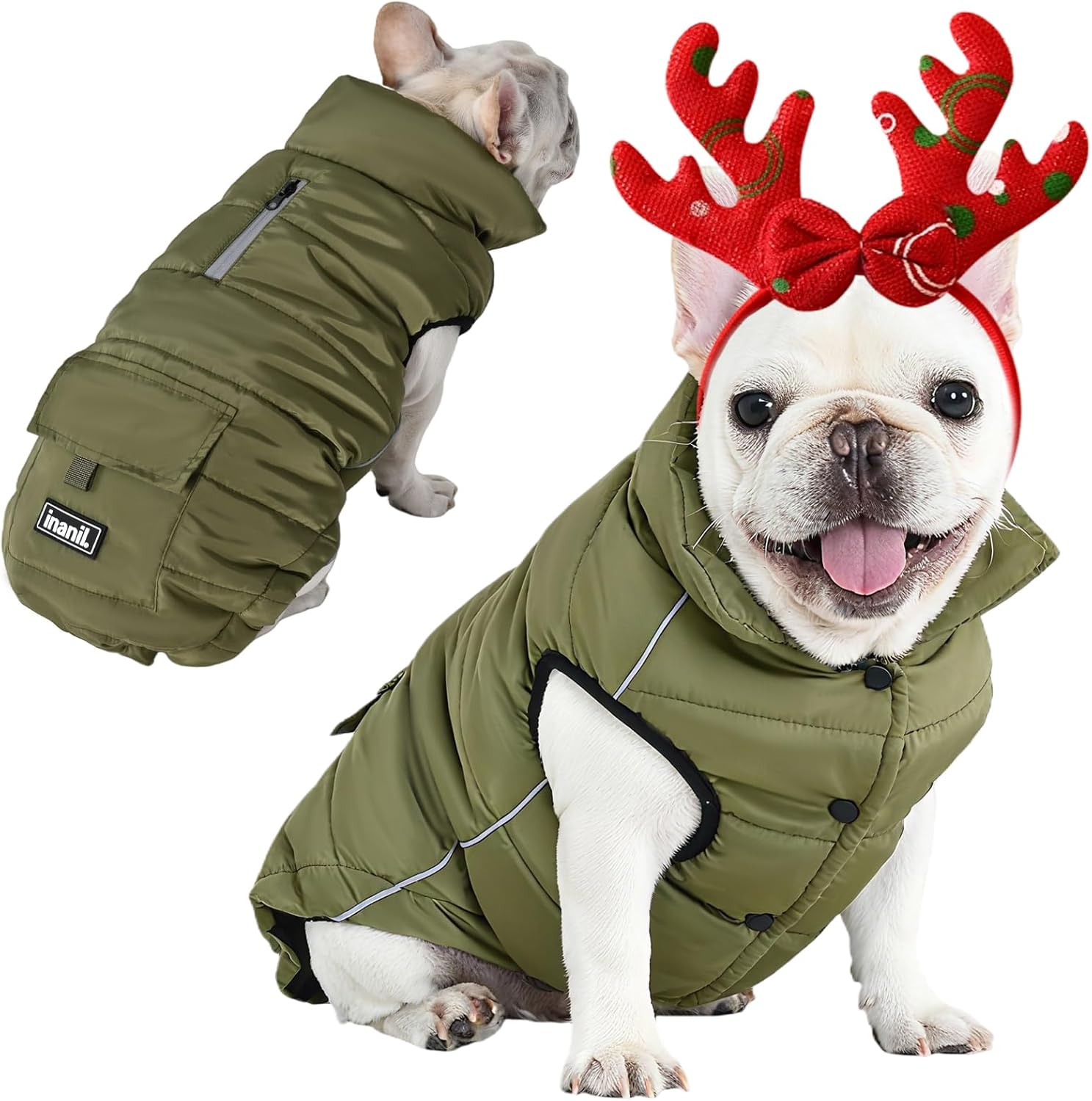 Dog Winter Puffer Jacket Waterproof, Reflective Furry Fleece Lined Dog Coats for Small Medium Dogs, Warm Snow Coat, Insulated Cold Weather Dogs Vest Jackets with Leash Hole, Olive
