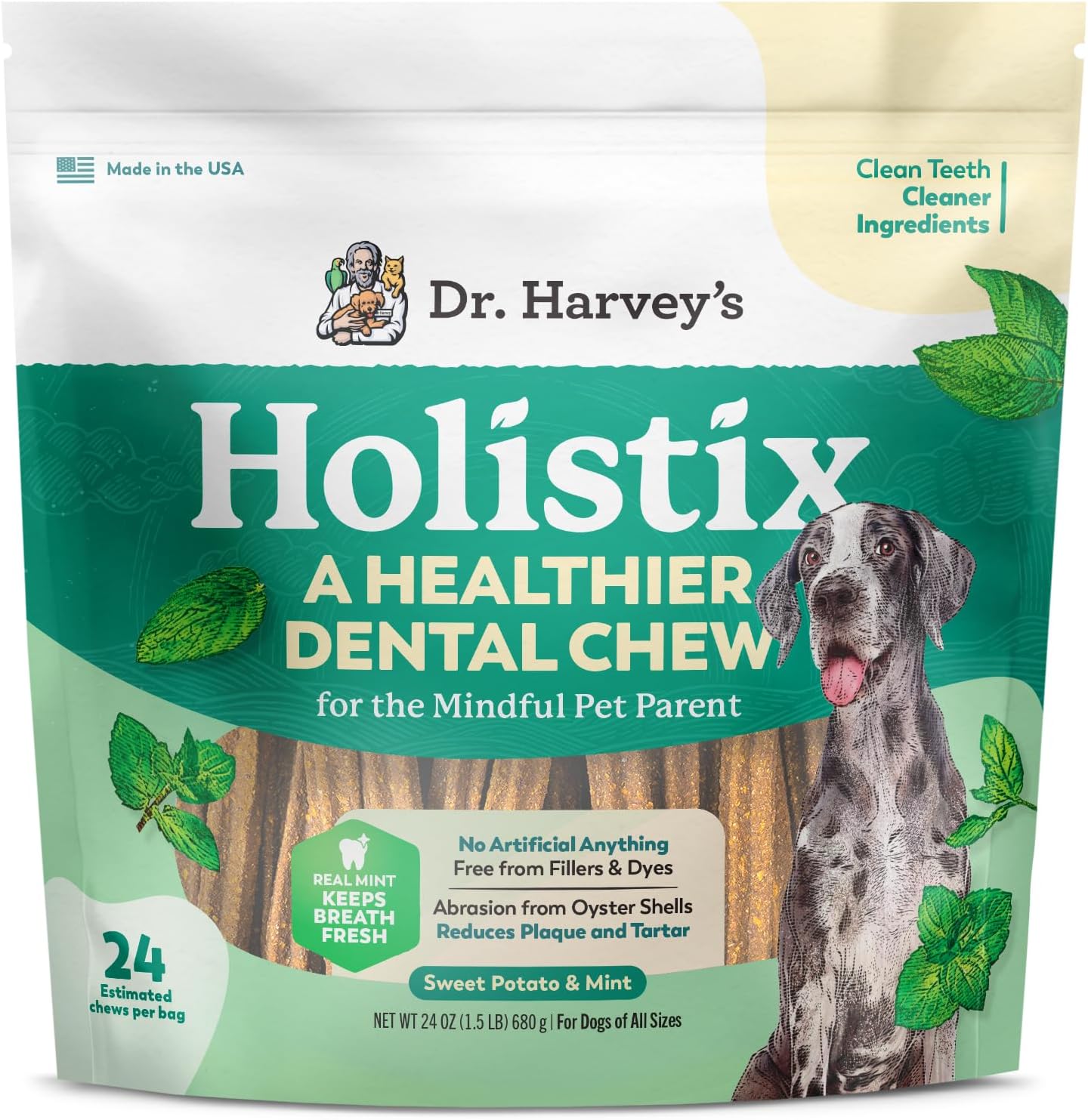 Dr. Harvey’s Holistix Dental Chews for Dogs – Dog Teeth Cleaning & Fresh Breath Treats, Sweet Potato Mint (24 Sticks)