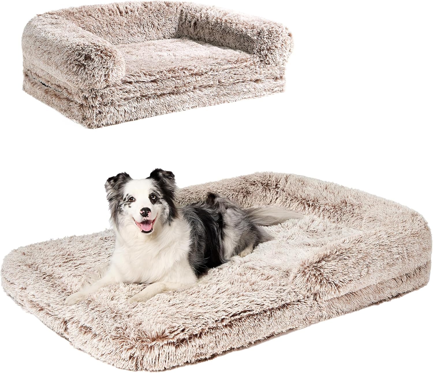EHEYCIGA Foldable XXL Dog Bed for Large Sized Dog, 54″x38″x7.5″ Faux Fur Fluffy Pet Couch Bed, Orthopedic Calming Memory Foam Big Pet Bed, Washable Pet Sofa Bed with Non-Slip Bottom, Faded Brown