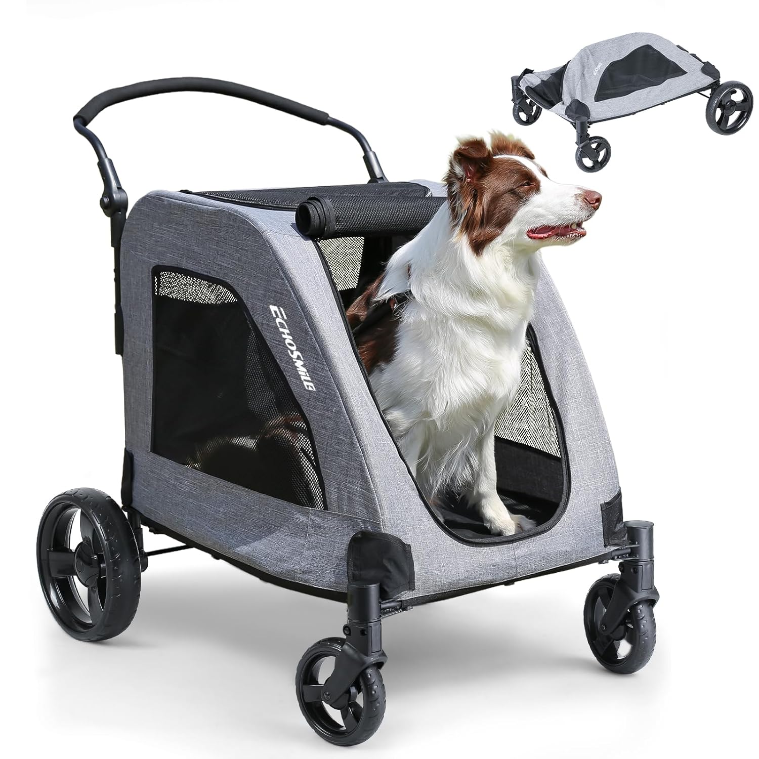 EchoSmile XL Extra Large Dog Stroller – Adjustable Handles,Lightweight Folding Pet Stroller,All-Terrain 4 Wheel for 2 Medium Dogs,Dual Entry Safety Dog Stroller,Capacity 160 lbs,Gray