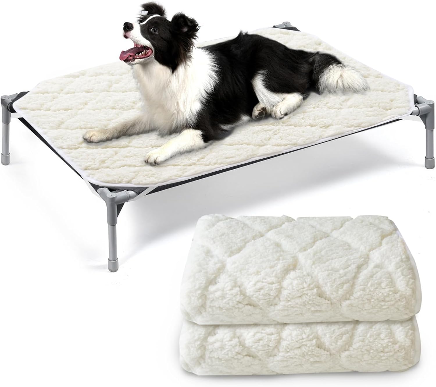 Elevated Waterproof Dog Bed Pad 2 Pack, Soft Plush Pet Pad Large, Machine Washable with Corner Straps