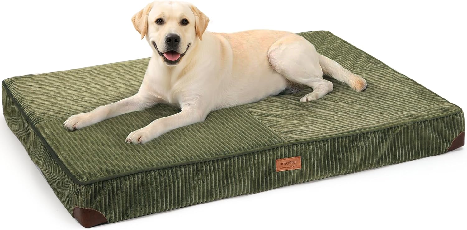 FUKUMARU Dog Bed, Thickened Corduroy Orthopedic Dog Beds with Washable Cover, Large Waterproof Dogs Bed for Crate, 28D Egg Crate Foam Support Pet Mat, Cozy Pet Bed Pad with Anti-Slip Bottom, Green