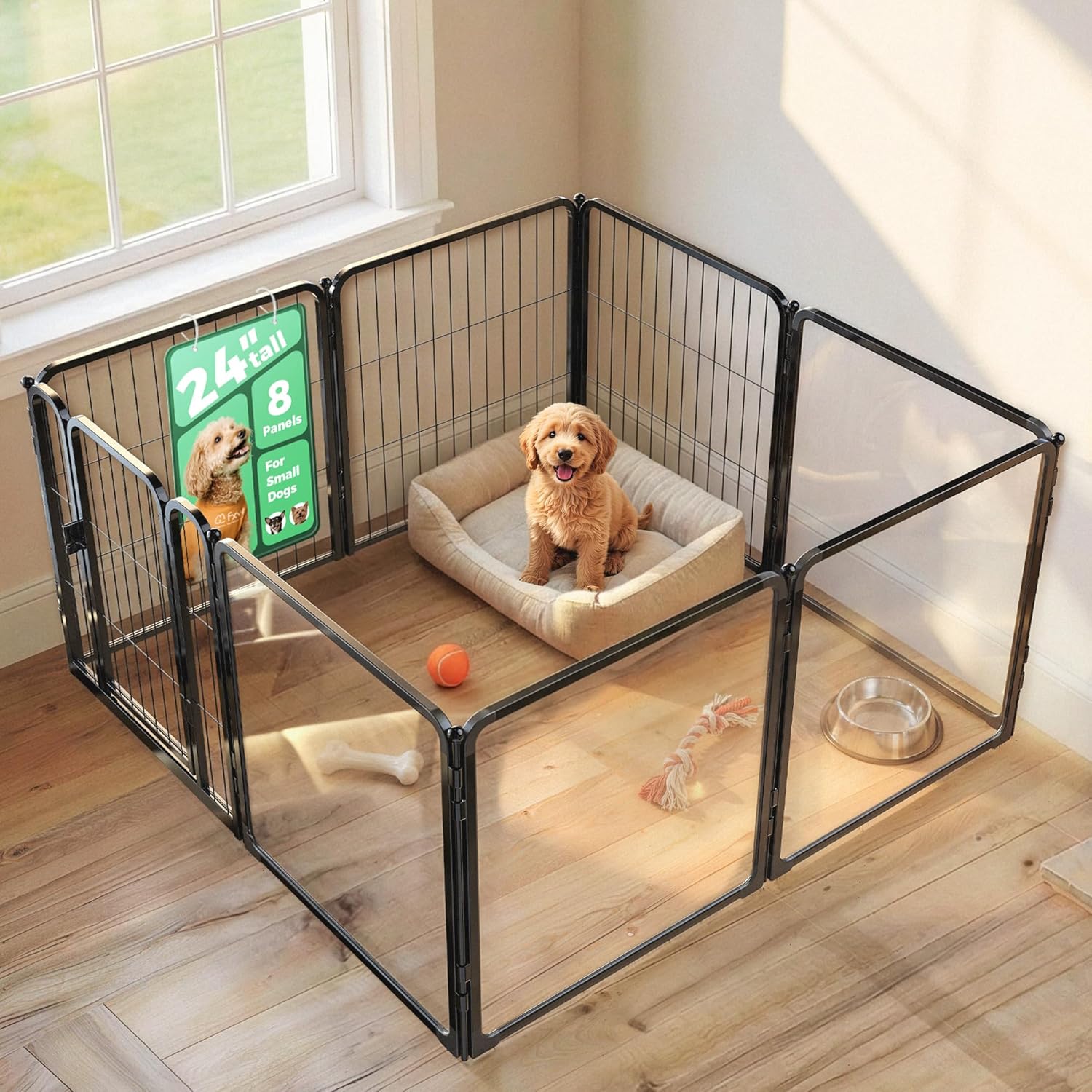 FXW AuraSpace Pro Acrylic & Wire Mesh Indoor Dog Playpen, 24″ Height 8 Panels Metal Dog Pen for Puppies & Small Dogs, Black│Patented