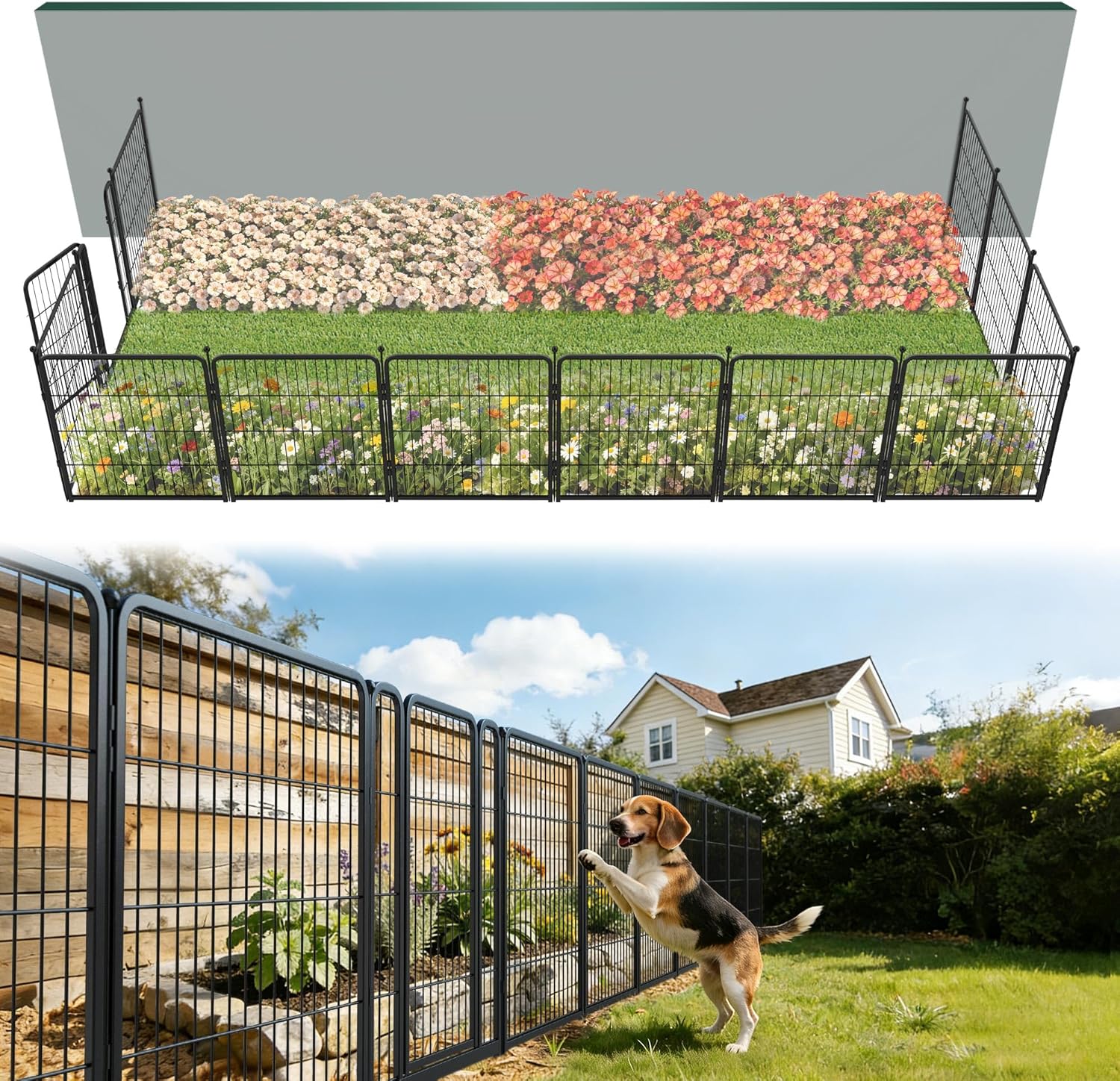 FXW Garden Fence Outdoor for the Yard – 32in(H) x 27.3ft(L) Heavy Duty Metal Animal Barrier for Dog, No Dig Decorative Dog Fence, 12 Panels, Black