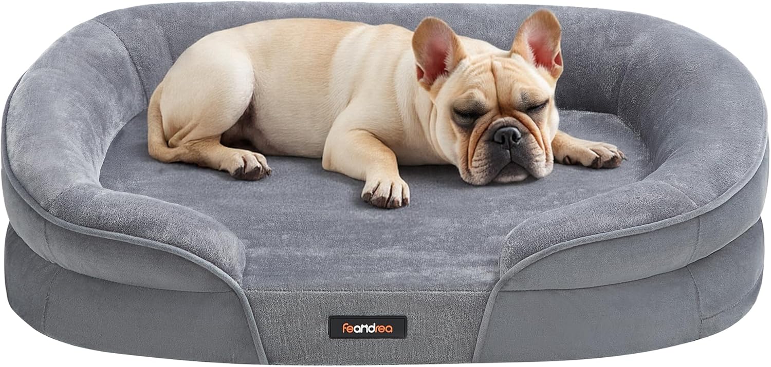 Feandrea Dog Bed, Medium Orthopaedic Dog Sofa Bed, 30 x 20 x 7 Inches, Egg Crate Foam, Waterproof Liner, Raised Edges, Removable and Machine Washable Cover, Non-Slip, Light Gray UPGW281G01