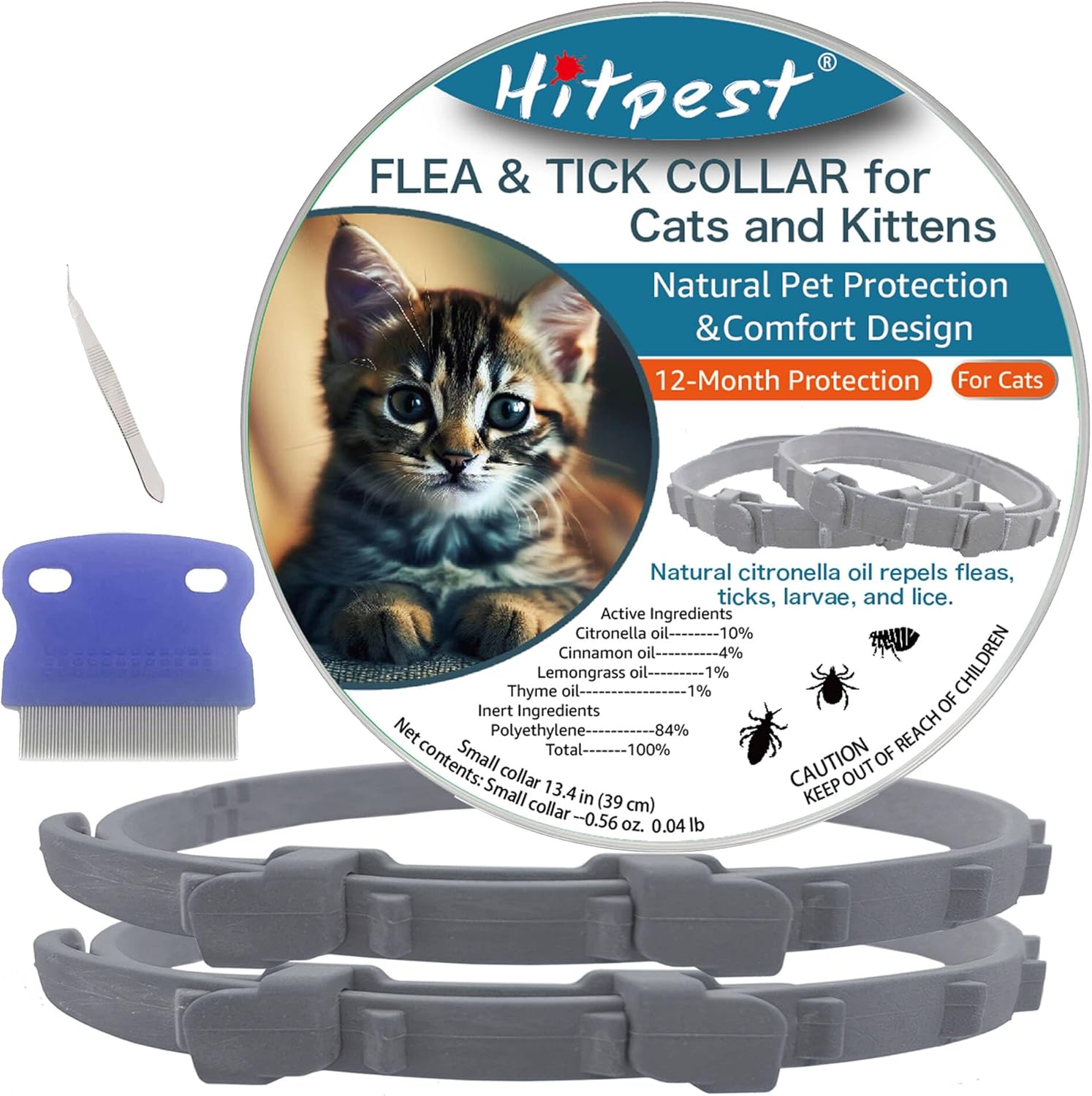 Flea and Tick Collar for Cat, 12 Months Protection, Upgraded Version, Soft and Comfortable, Prevents Fleas and Ticks, Includes Tweezers and Flea Comb, 2-Pack