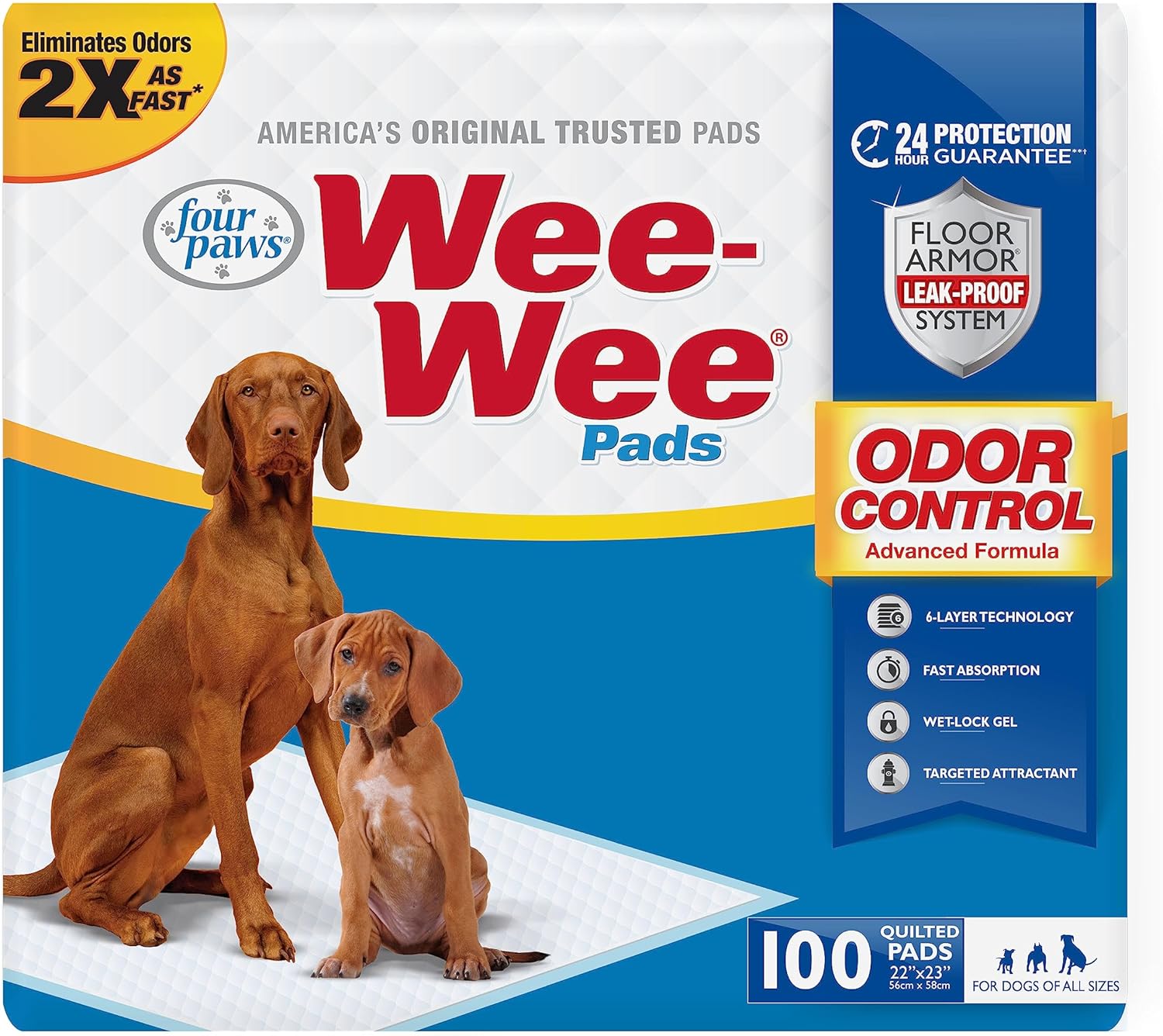 Four Paws Wee-Wee Odor Control Advanced Formula Unscented Pee Pads for Dogs & Puppies, Leak-Proof Housebreaking Potty Training Floor Protection, 22″ x 23″, 100 Count