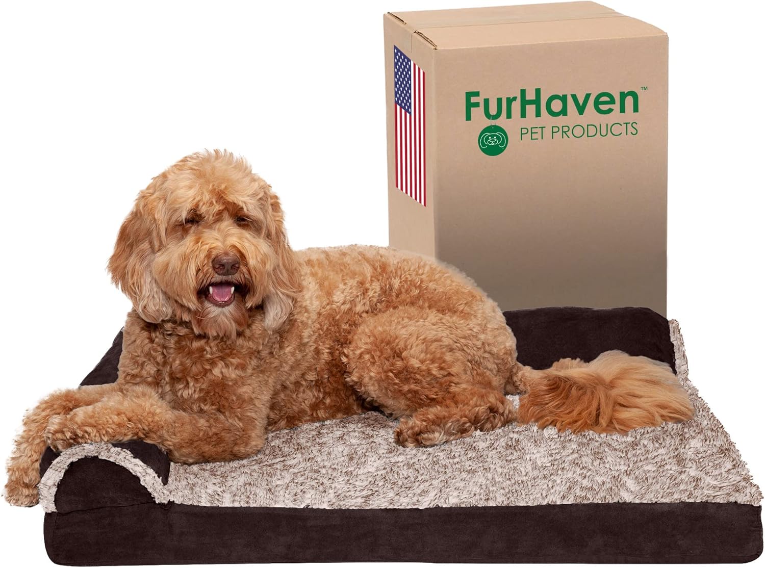 Furhaven Orthopedic Dog Bed for Large/Medium Dogs w/ Removable Bolsters & Washable Cover, For Dogs Up to 55 lbs – Two-Tone Plush Faux Fur & Suede L Shaped Chaise – Espresso, Large