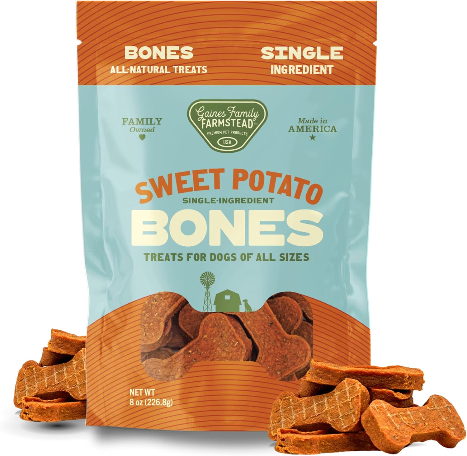 Gaines Family Farmstead Sweet Potato Dog Bones – 8 oz Bag, All-Natural, Single Ingredient, Grain-Free Dog Treats for Digestive Health, High Fiber – Training & Rewards, Made in USA